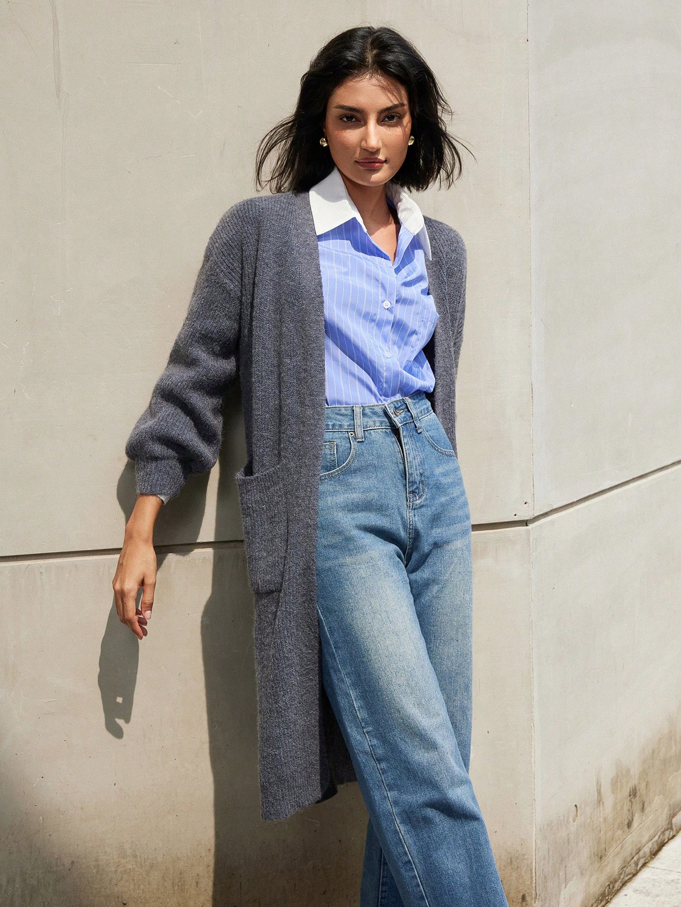 Casual V-Neck Solid Color With Pockets Long Sleeve Long Cardigan