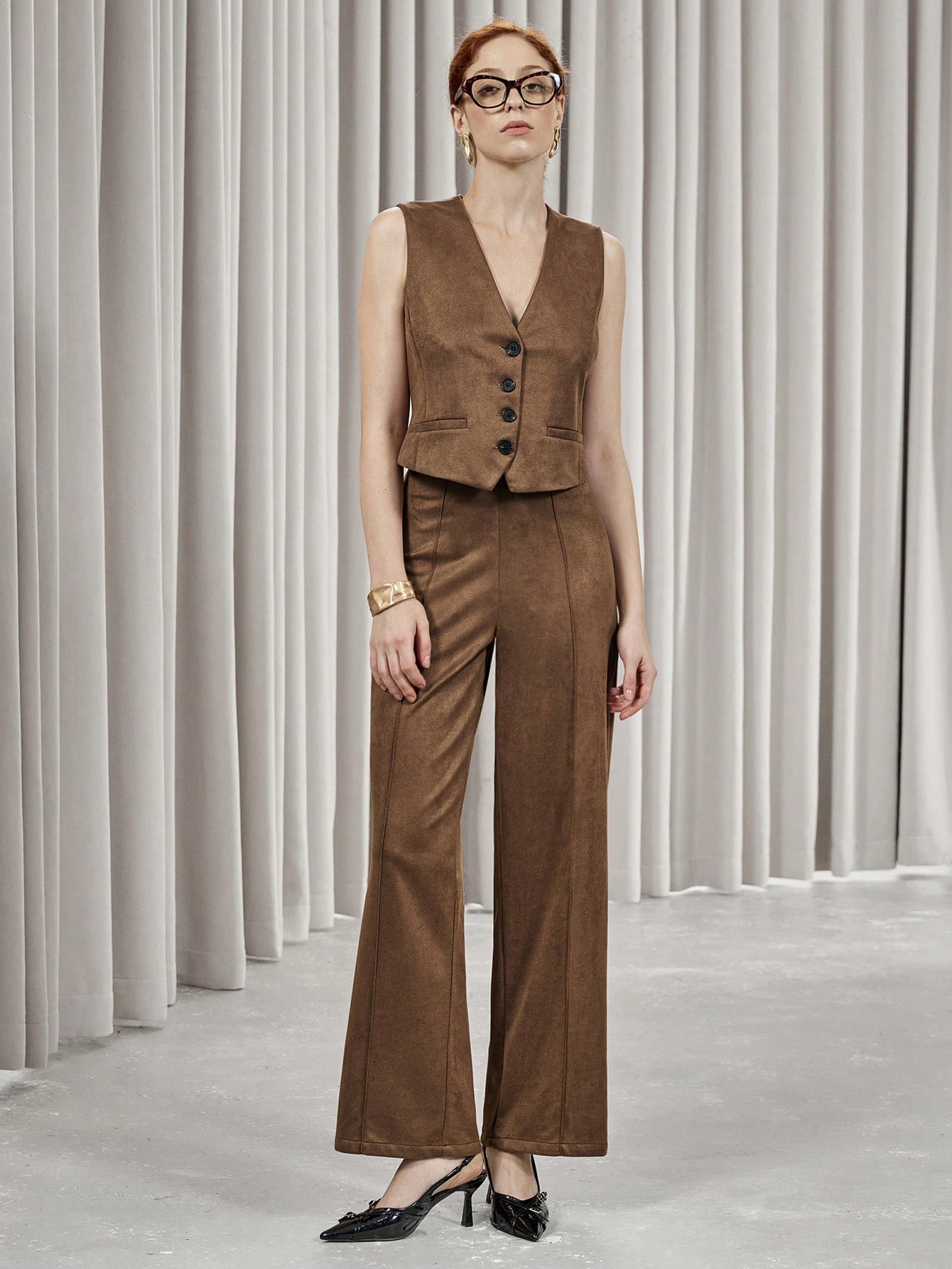 2pcs Women Autumn Solid Color Faux Suede Vest Jacket And Pants Casual Suit