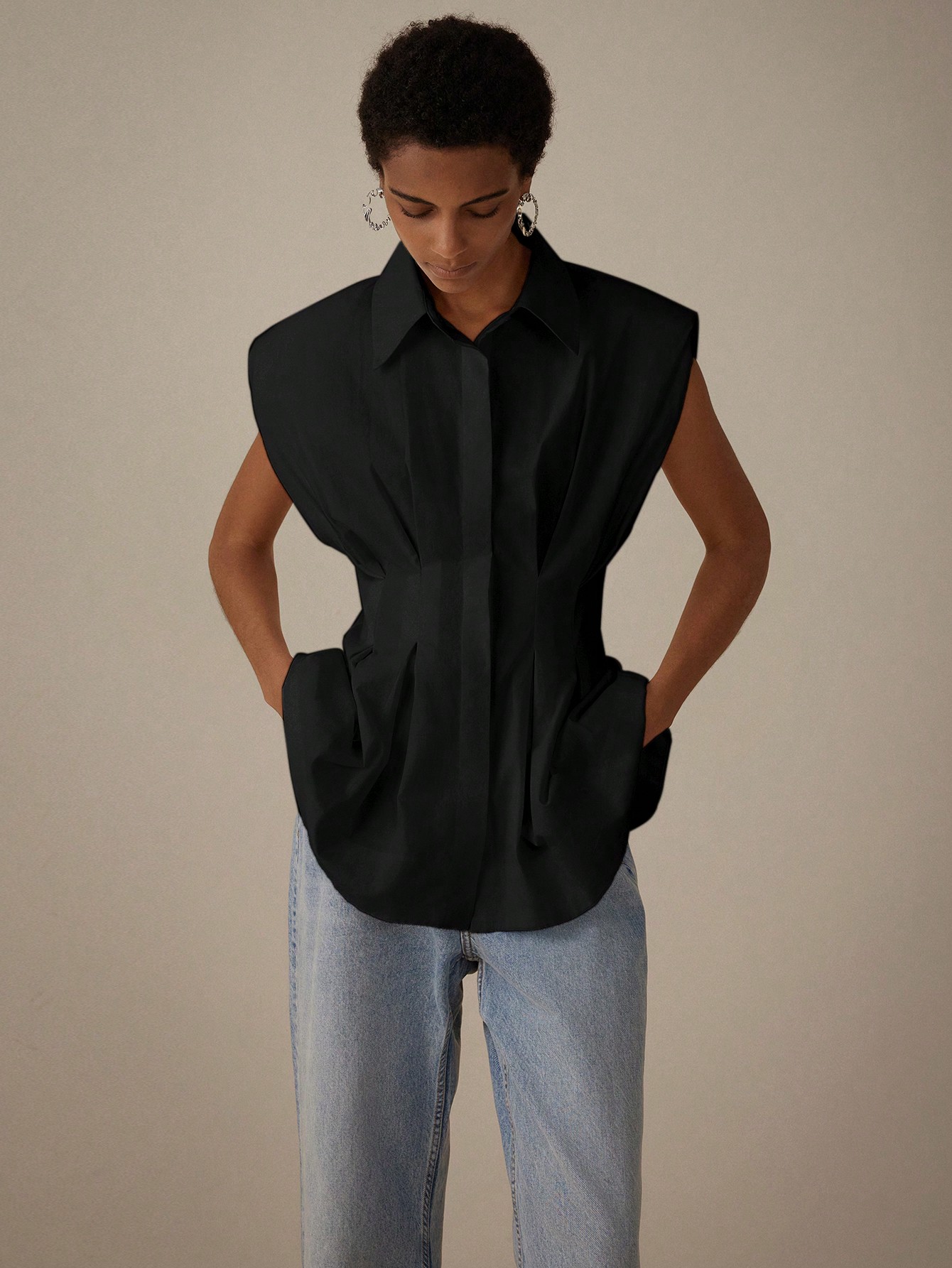 Elegant Pleated Waisted Collar Blouse