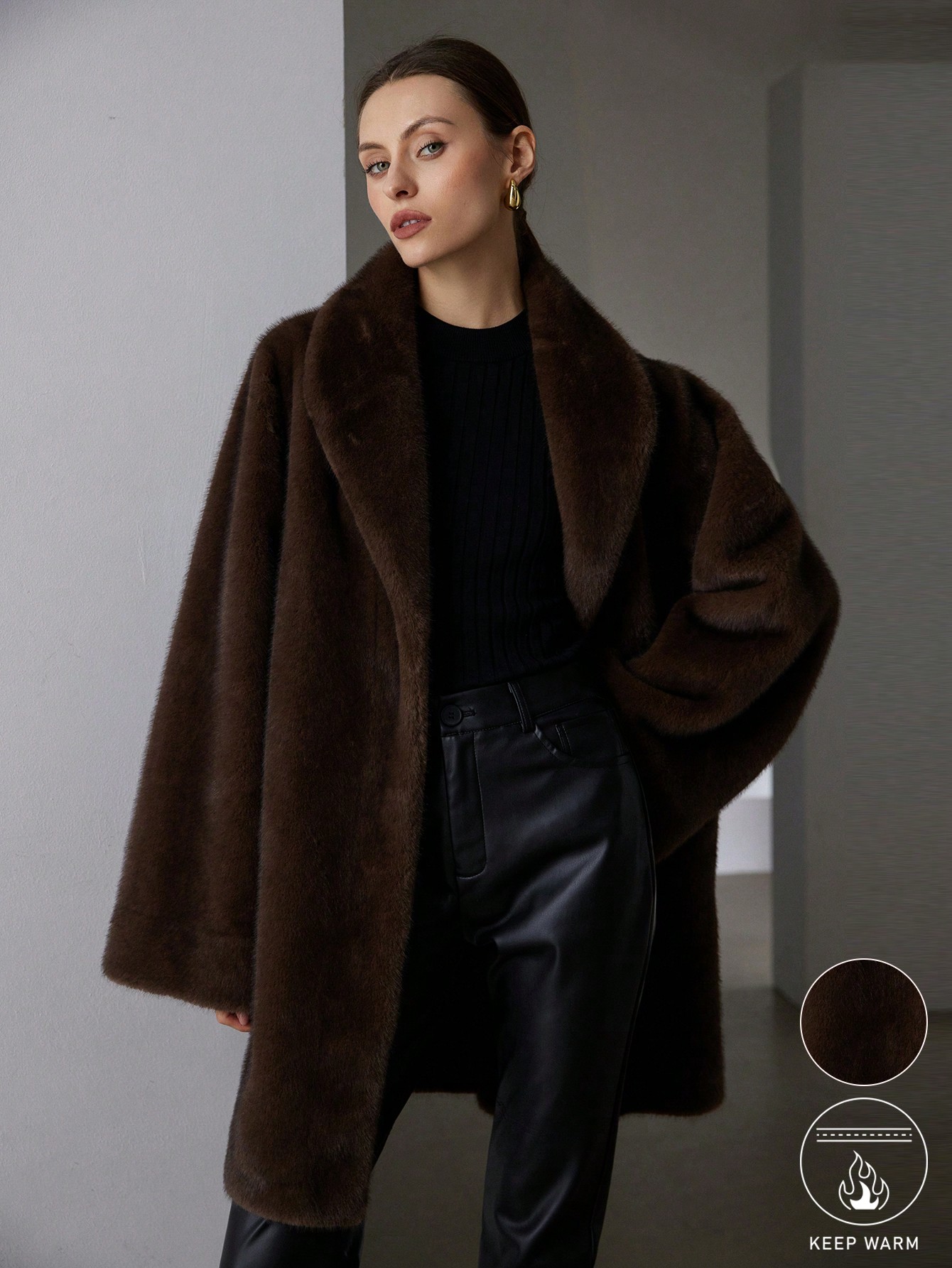 Fluffy Lapel Mid-Length Coat With Small A-Line Sleeves, High-End Luxury Vibe, Women Winter Jacket