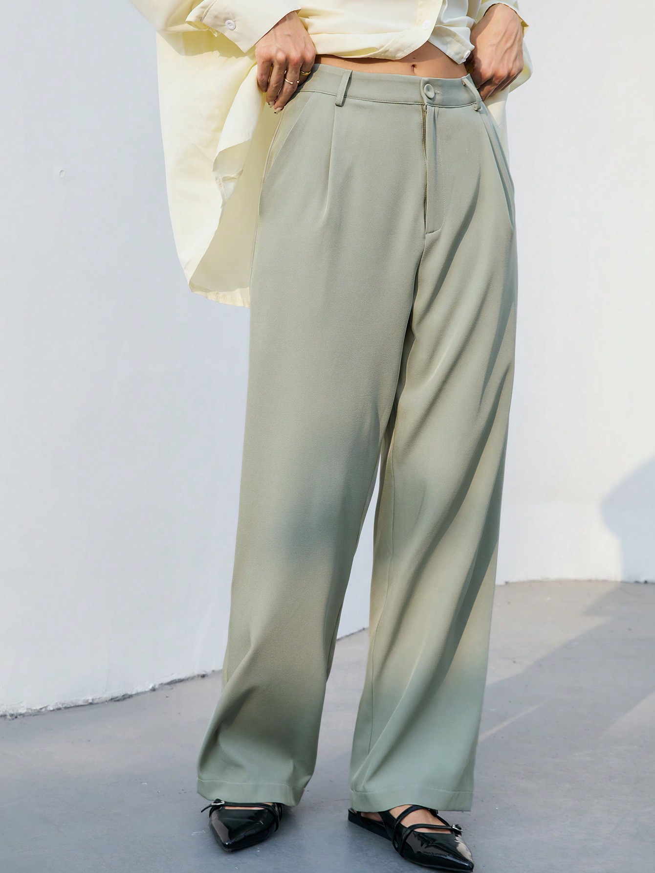 Women's Solid Color Pleated High Waist Straight Leg Wide Leg Pants, Casual