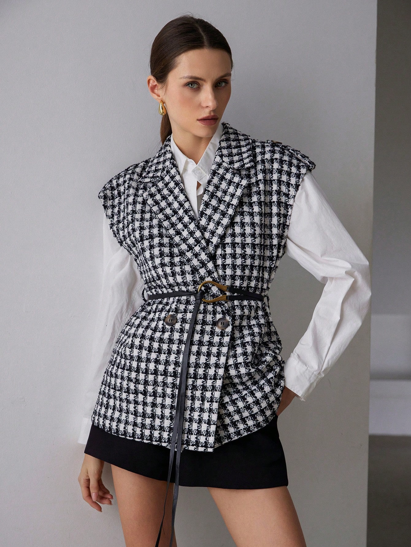 Retro Peplum Waist Houndstooth Sleeveless Jacket With Faux Leather Belt, Women Regular Fit