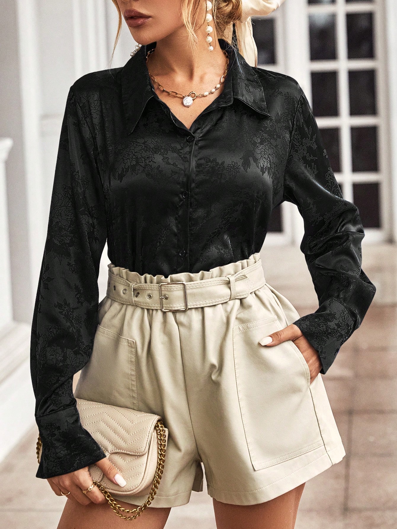 Long Sleeve Button-Up Embroidery Top, Random Print, Casual Everyday