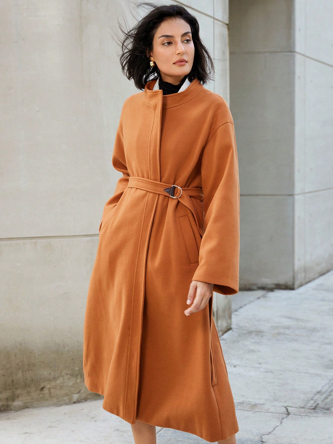 French Chic Retro Trendy Collarless Women Autumn Long Coat With Metal Buckle Belt