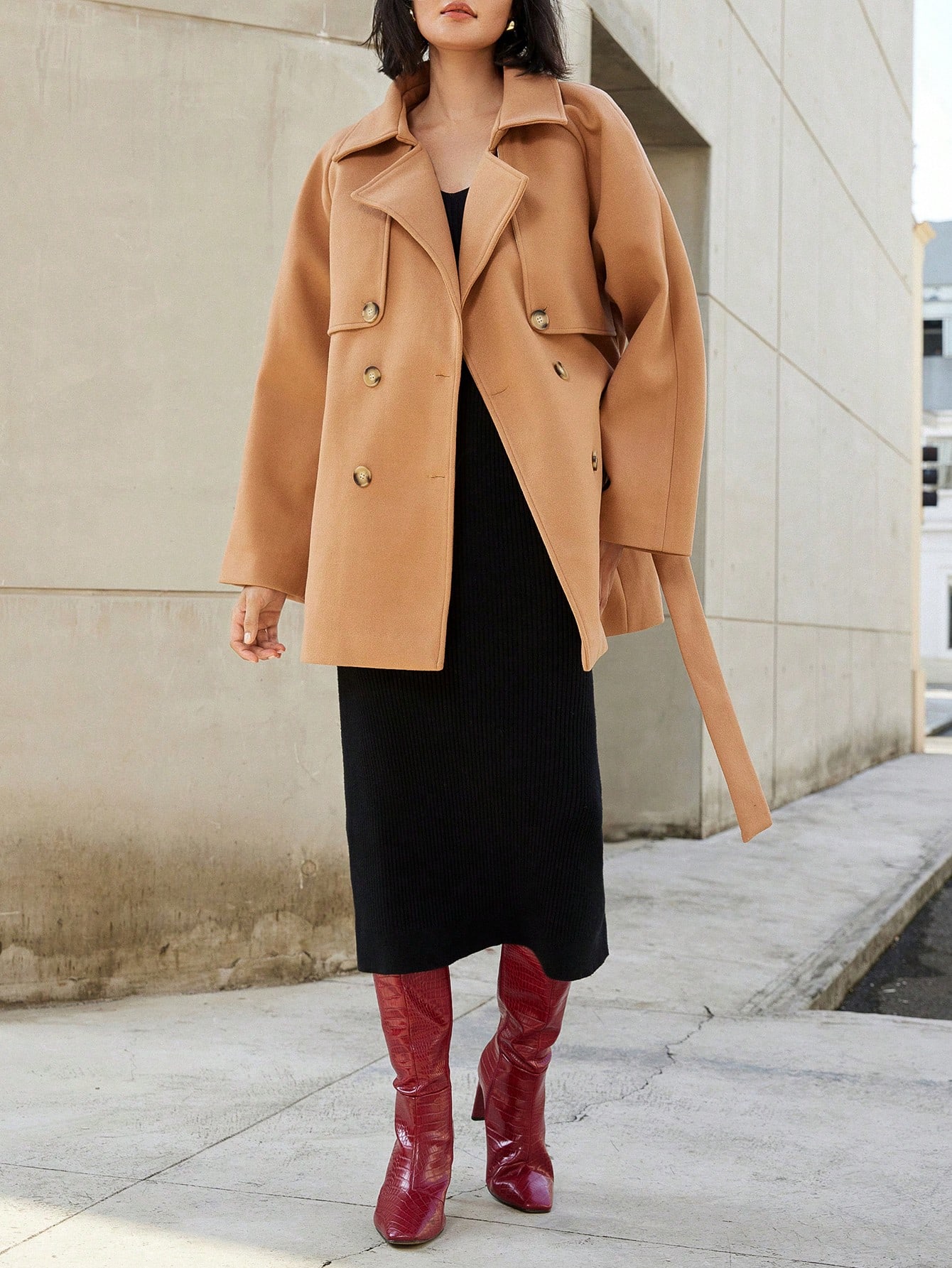 1pc Women Lapel Collar Loose Cinched Waist Pocket Overcoat