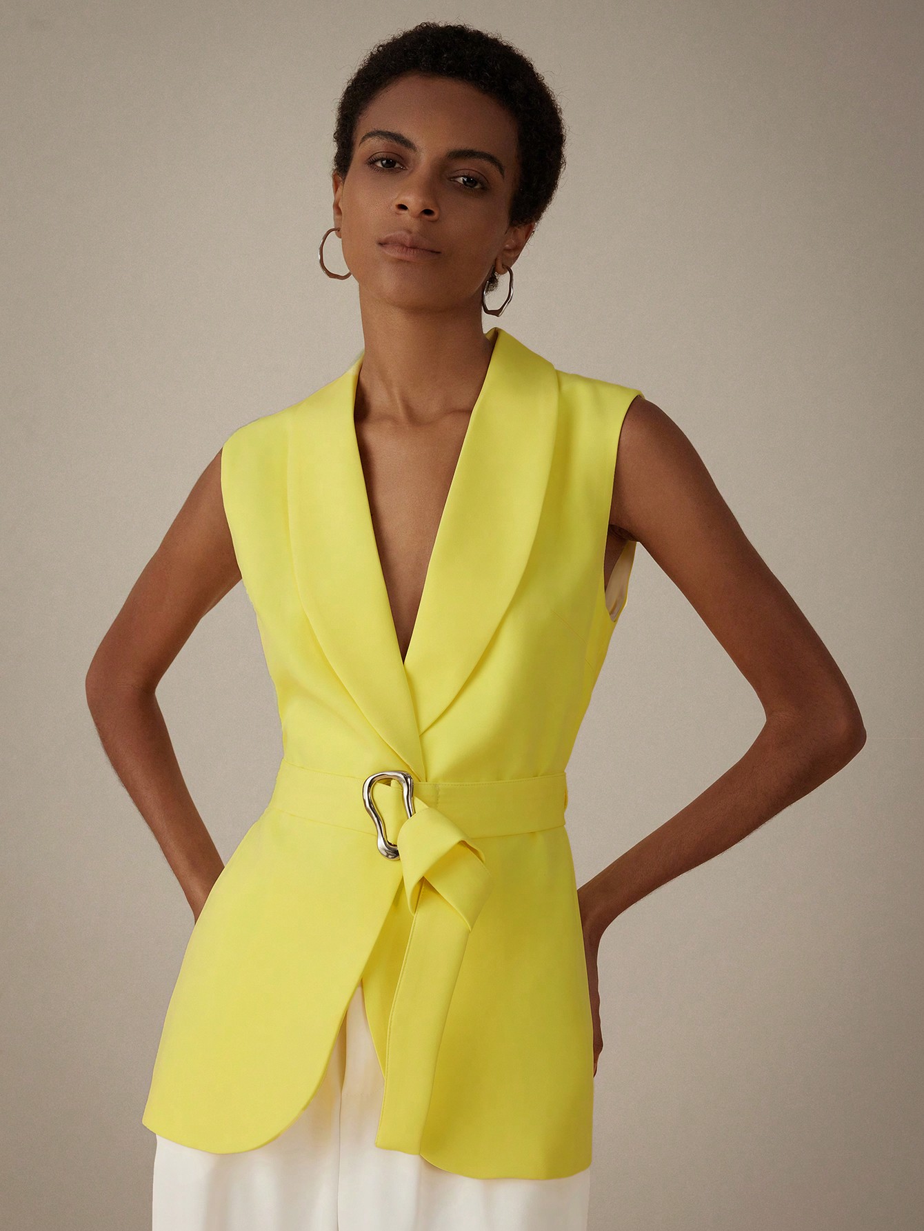 Solid Color Sleeveless Belted Suit Vest With Shawl Collar, Formal Women's Workwear Waistcoat