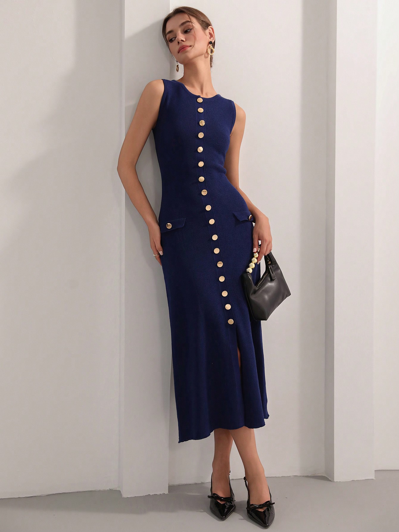 Women's Autumn Party Gold Button Decor Round Neck Sleeveless Knitted Dress