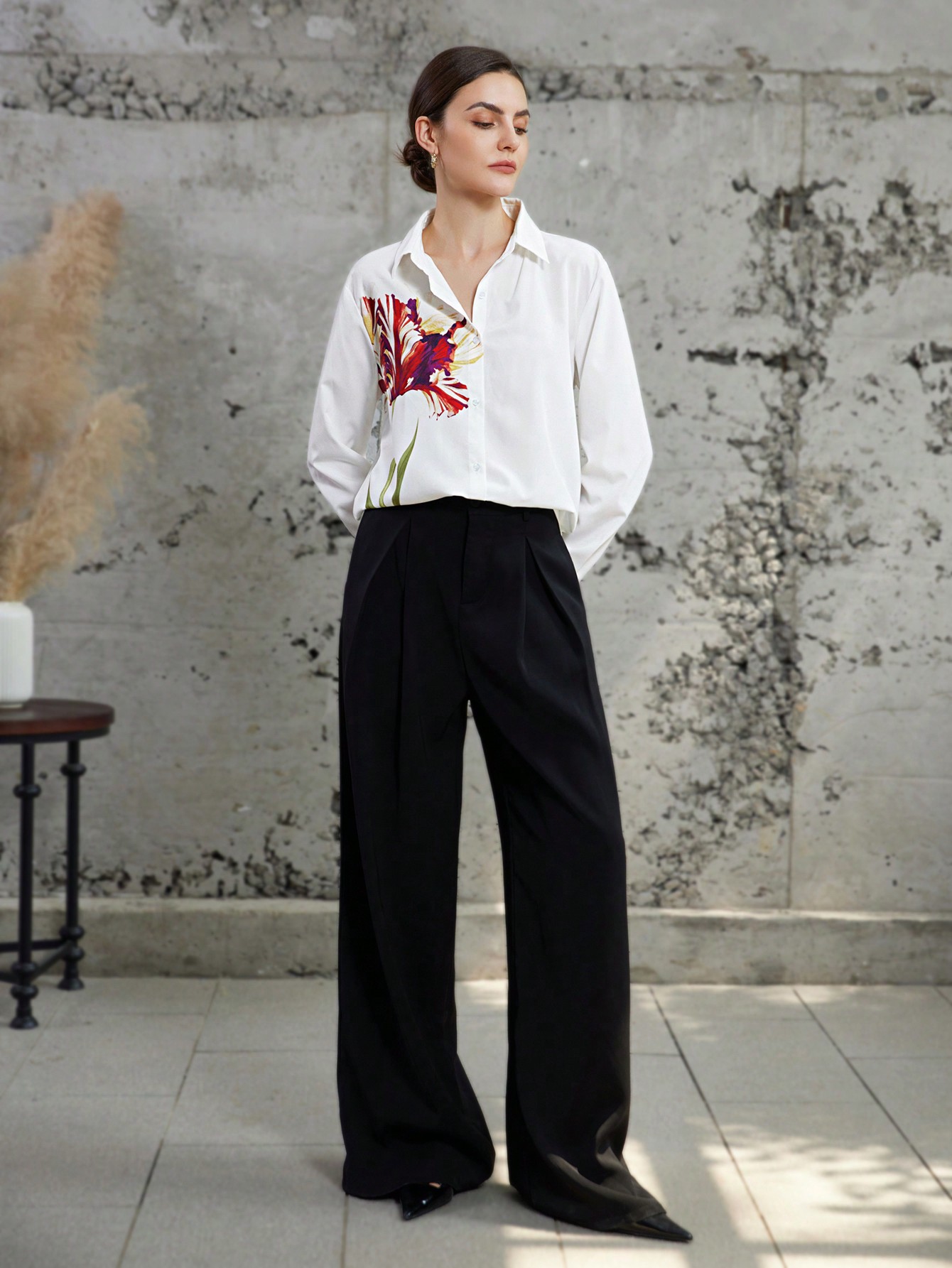 Business Casual Floral Print Button-Up Long Sleeve Shirt