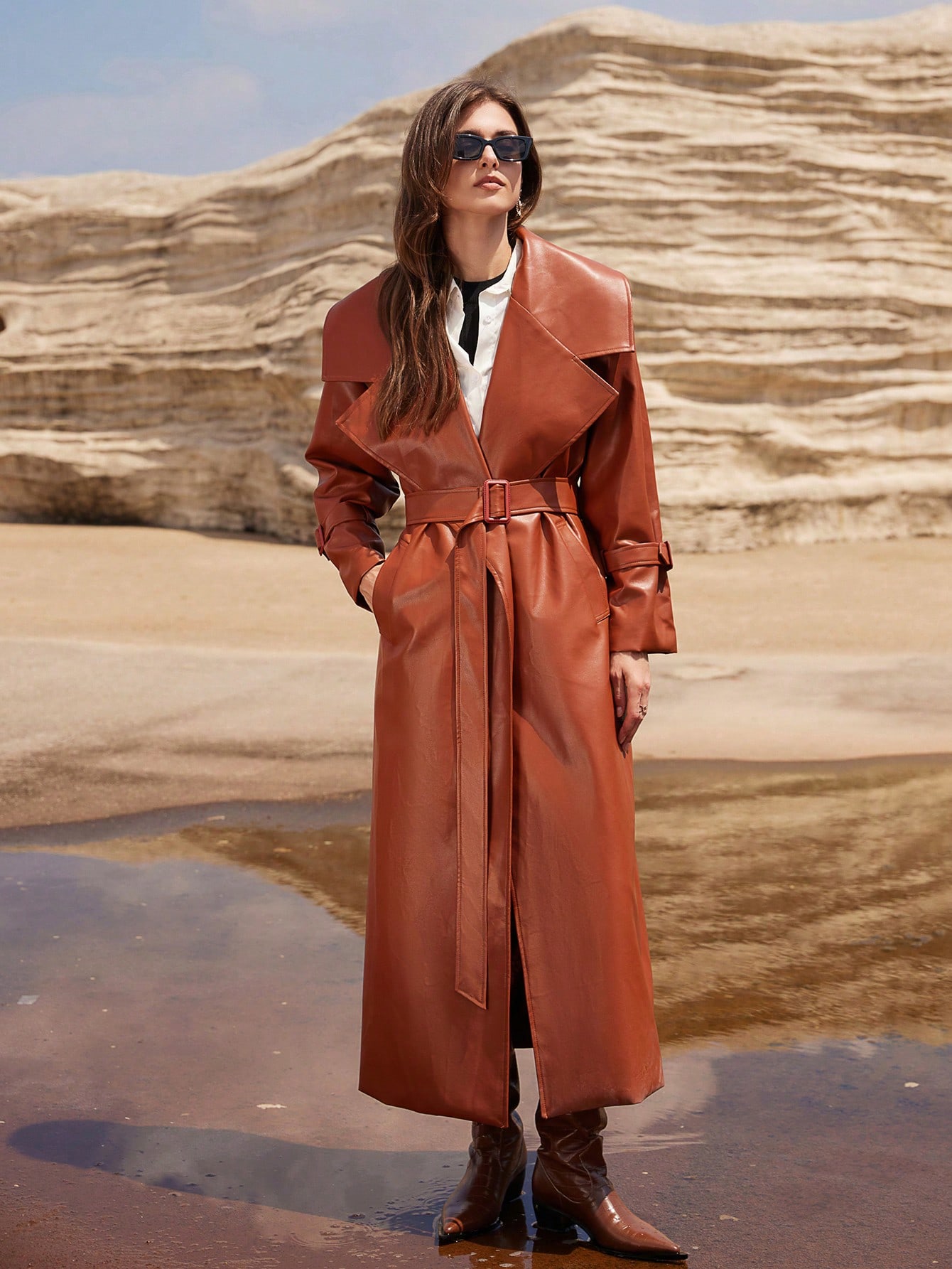 French Retro Style Fashion Belted Open Slit Wide Lapel PU Long Windbreaker Jacket For Women, Autumn