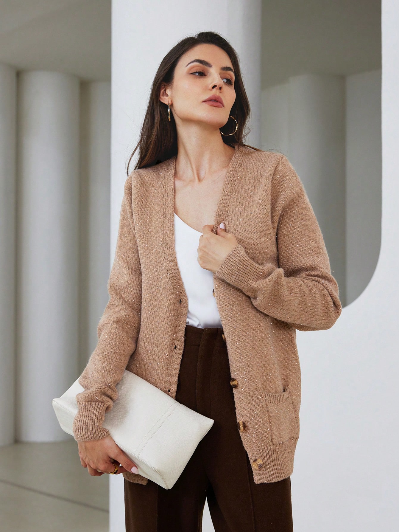 Women's Loose V-Neck Single-Breasted Sparkly Knit Cardigan With Pockets, Autumn