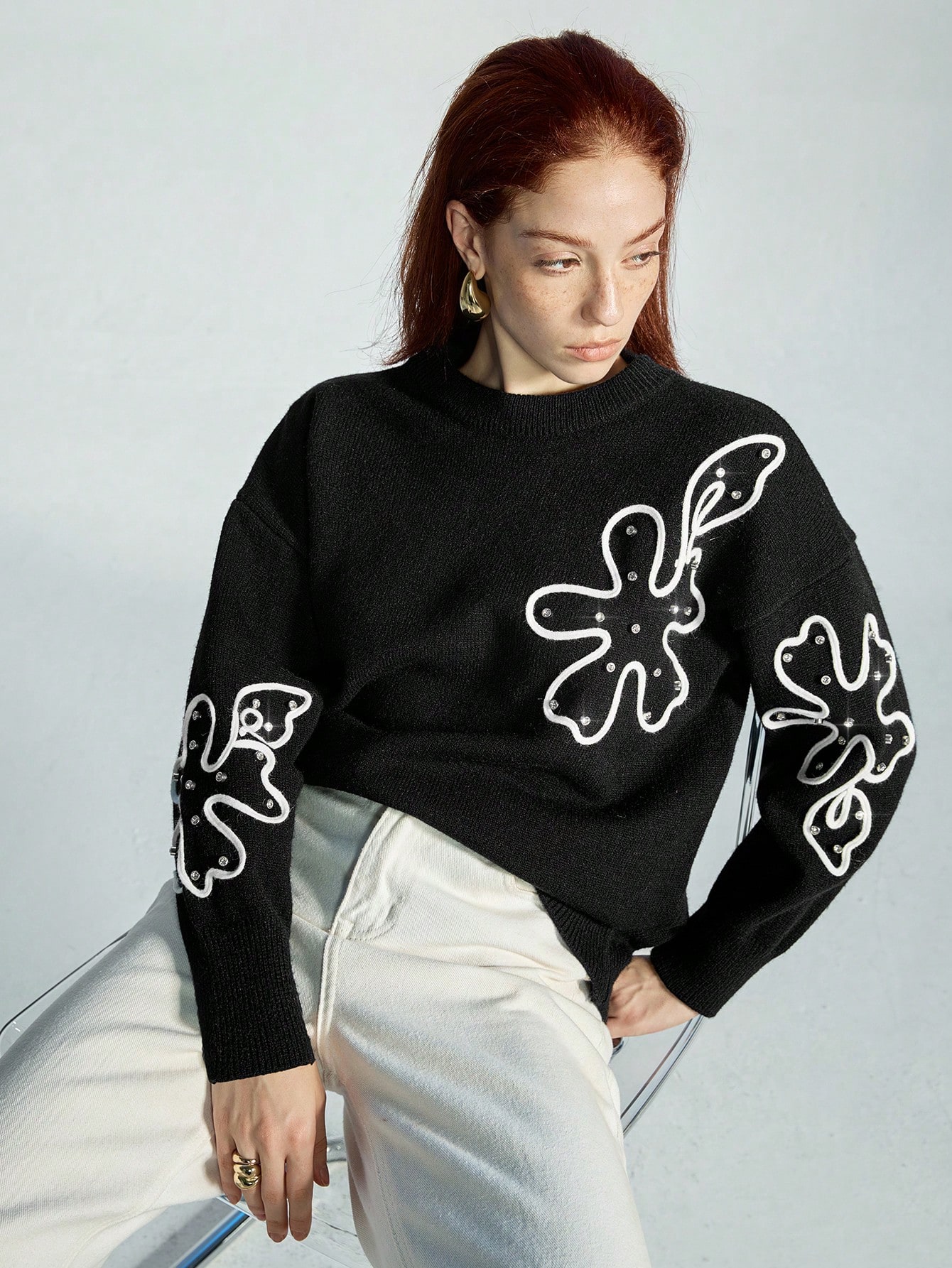Floral Embroidered Loose Fit Crewneck Sweater, Versatile Casual Plant Style Women's Warm Pullover