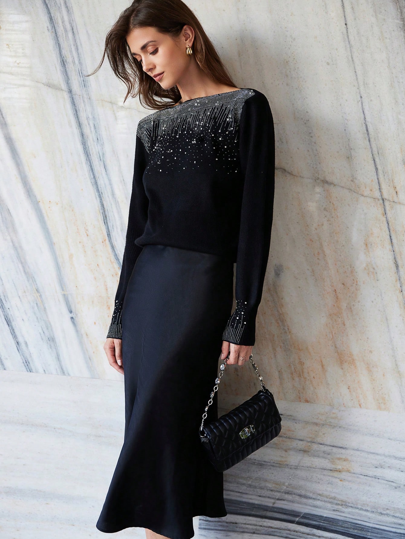 French Fashionable Rhinestone Accent Off-Shoulder Lantern Sleeve Women Pullover Sweater, Autumn