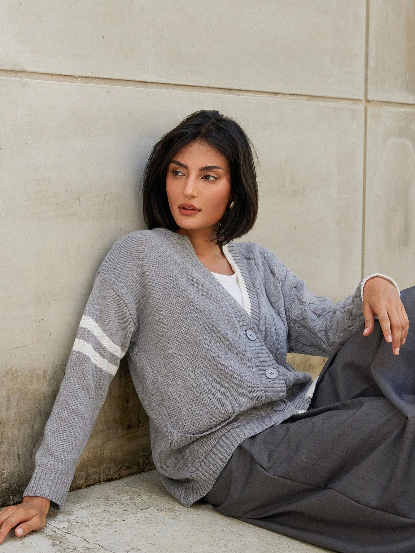 V-Neck Casual Striped Contrasting Color Loose Cable Knit Cardigan Sweater For Women