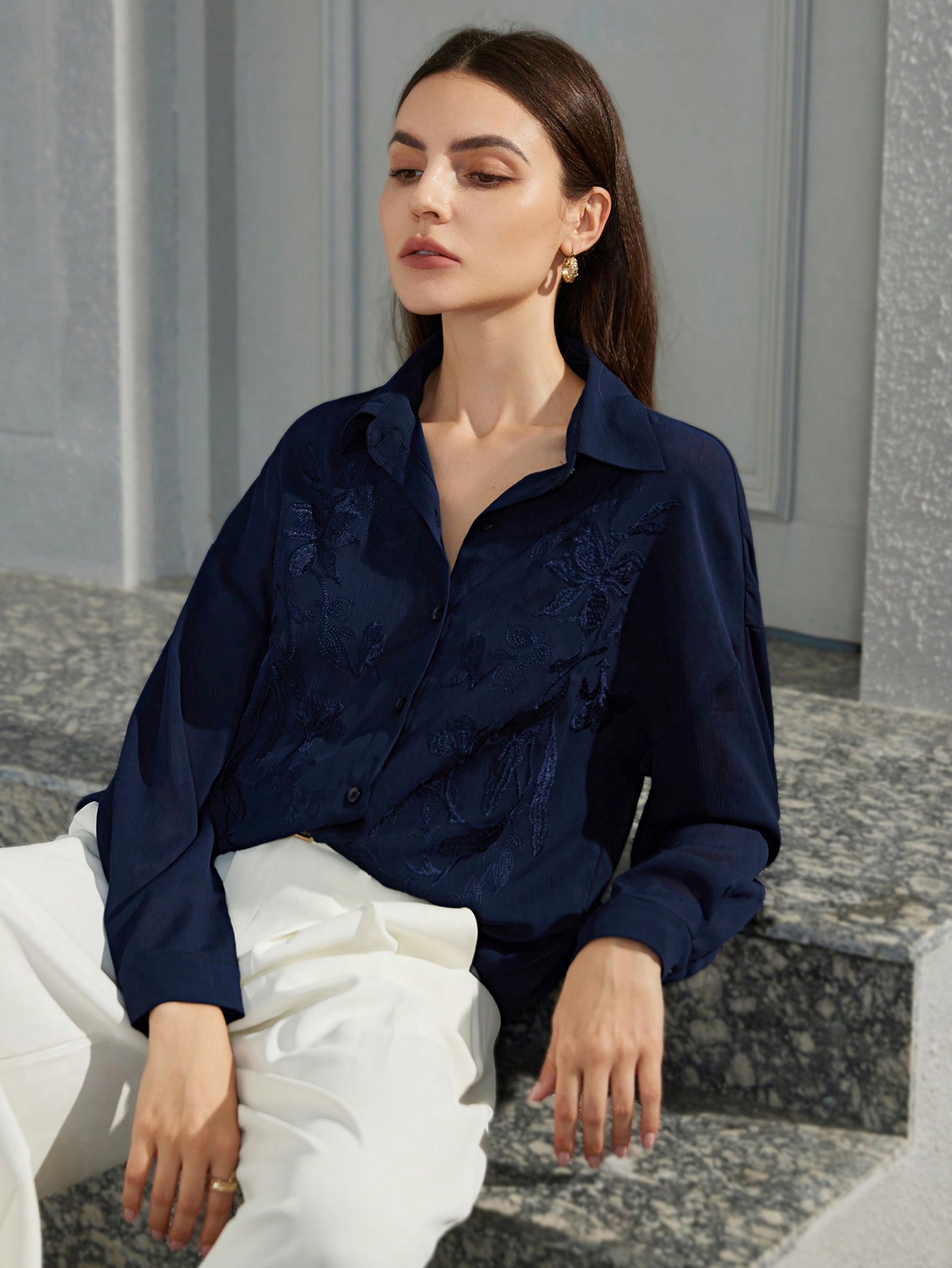 French Style Elegant Embroidery Detail Women Blouse, Autumn