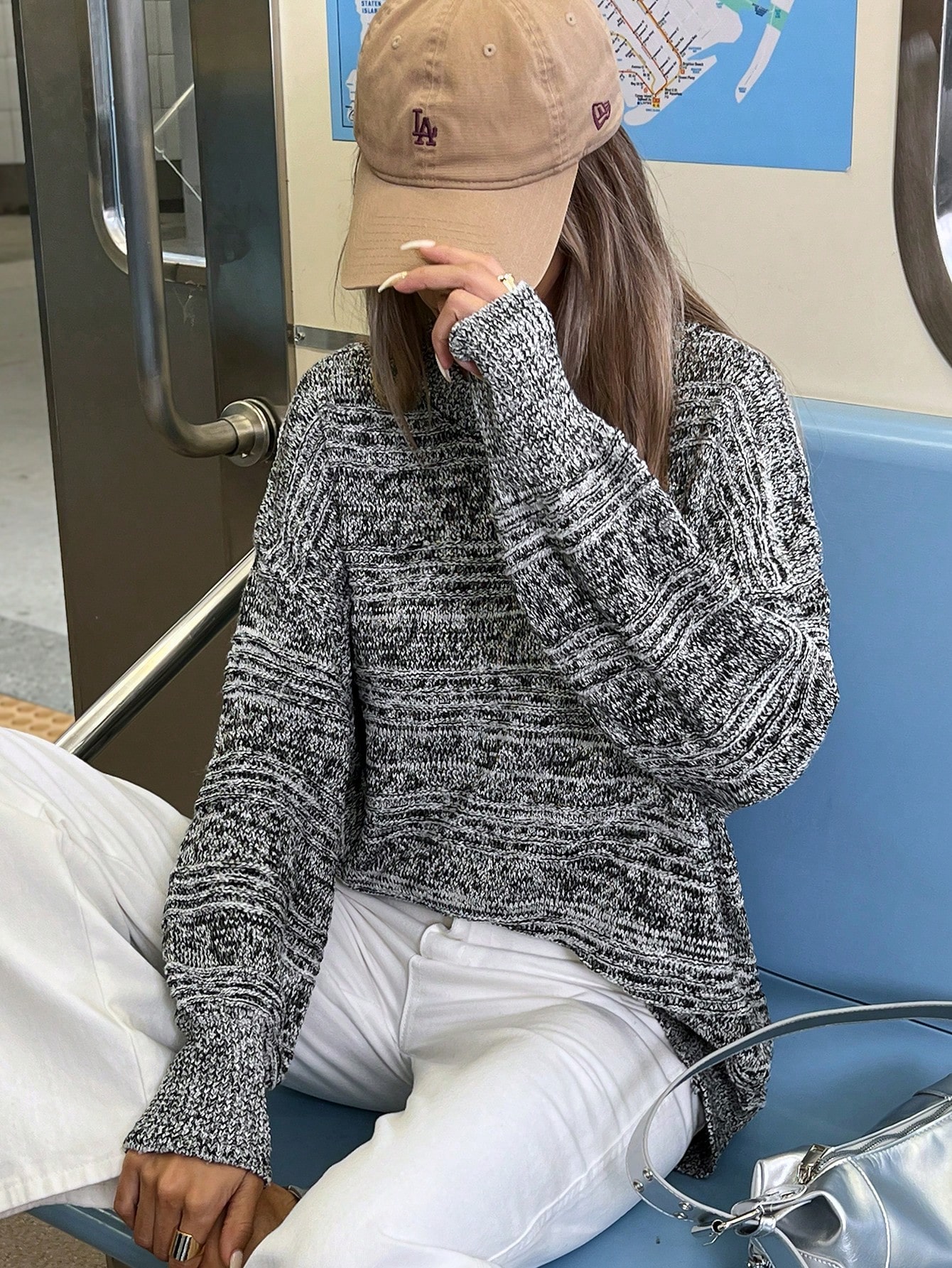 Retro Casual Versatile Chunky Knit Colorblock Mixed Yarn Striped Oversized Crew Neck Women Sweater