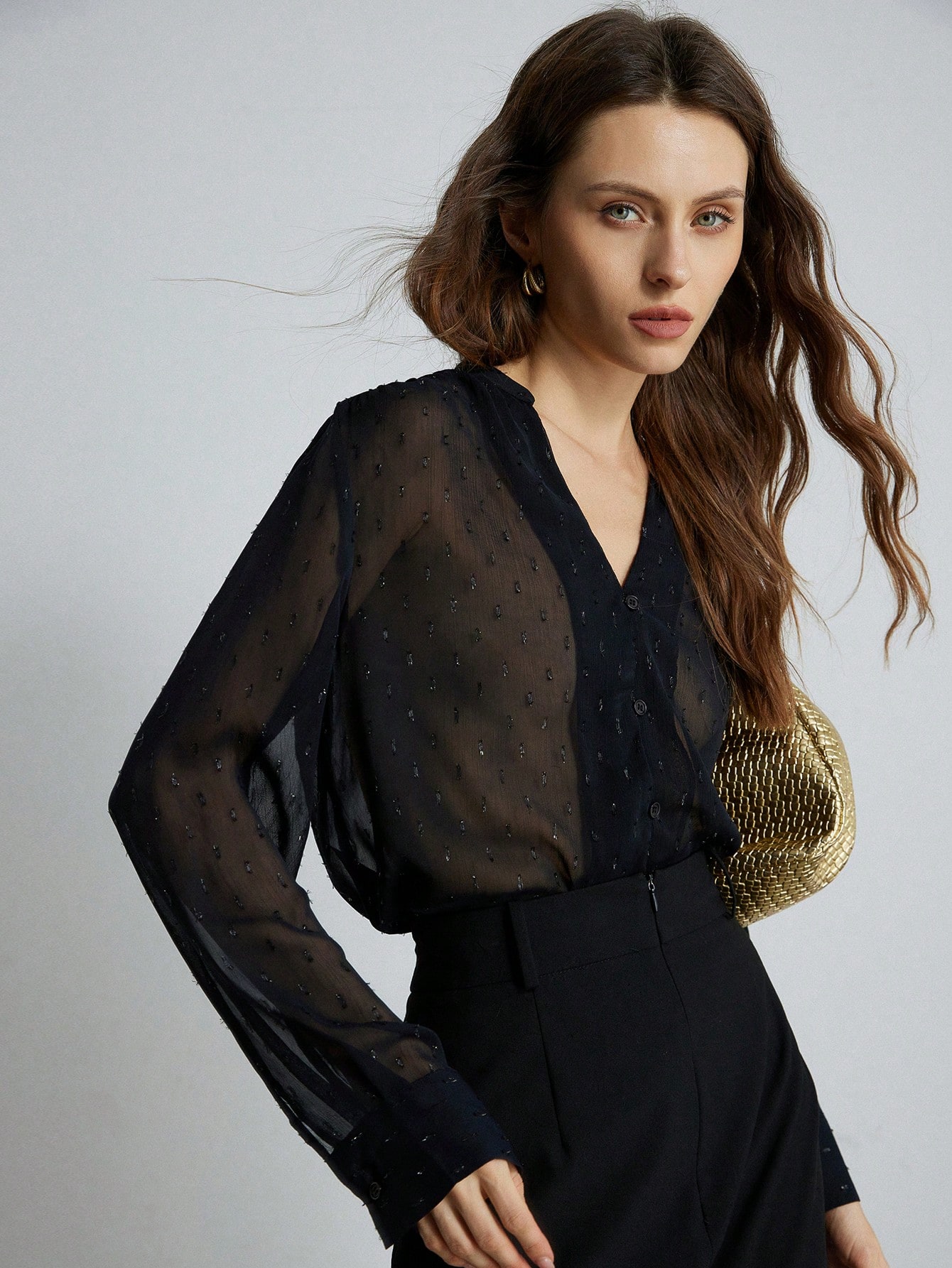 Elegant Quality Time Foil Print Sheer V-Neck Loose Blouse For Women Holiday Party Clothes