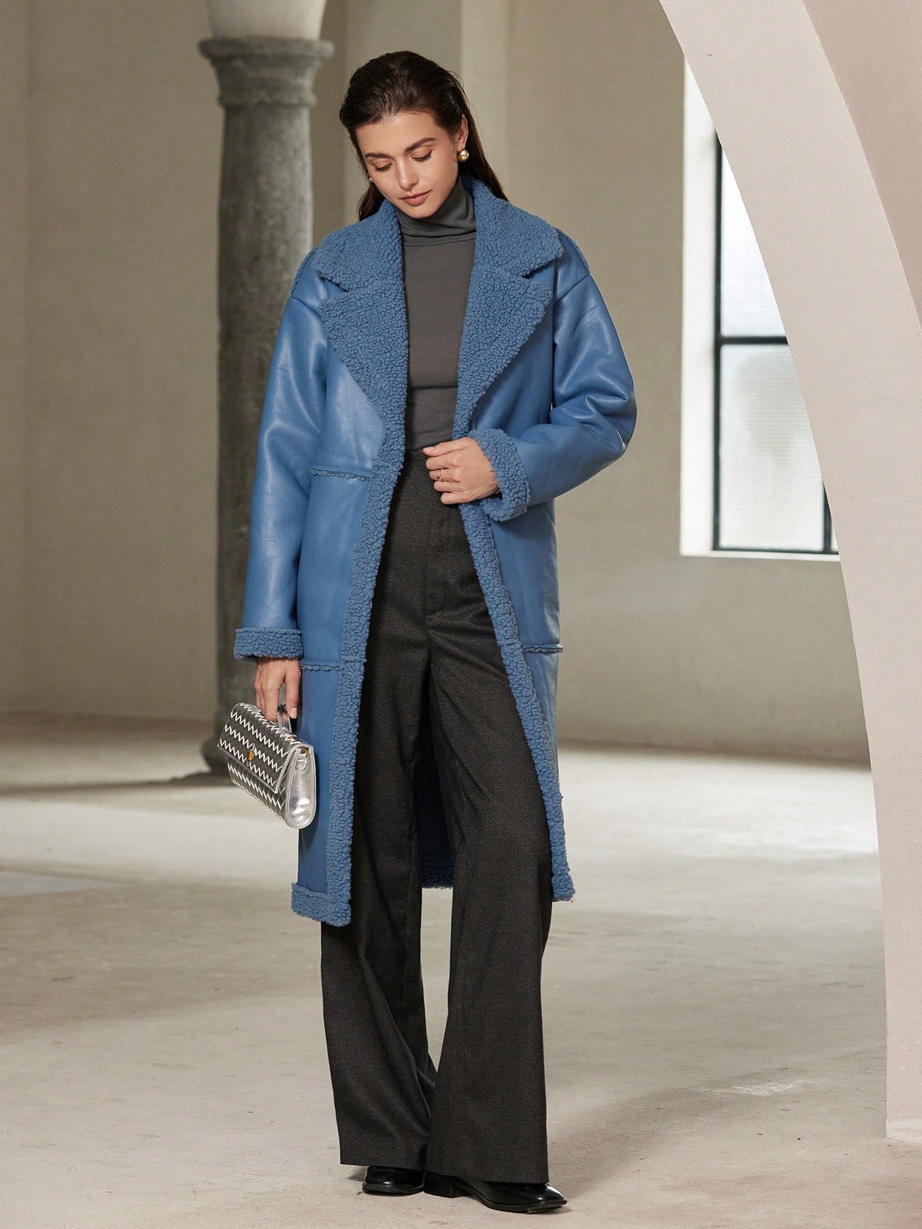 Ins Street Style Popular Blue Fluffy Long Sleeve Long Coat With Belt, Winter Women Outerwear