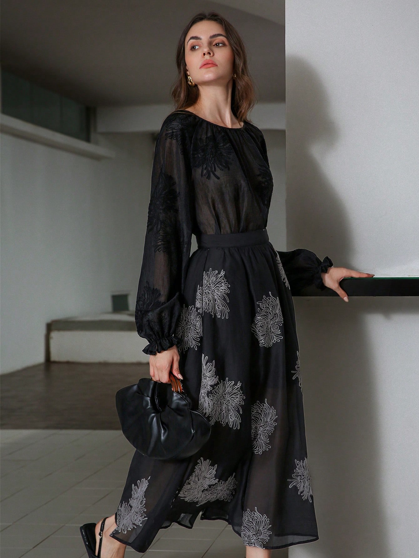 Delicate & Elegant Embroidery Textured Sheer Lantern Sleeve Round Neck Blouse For Women