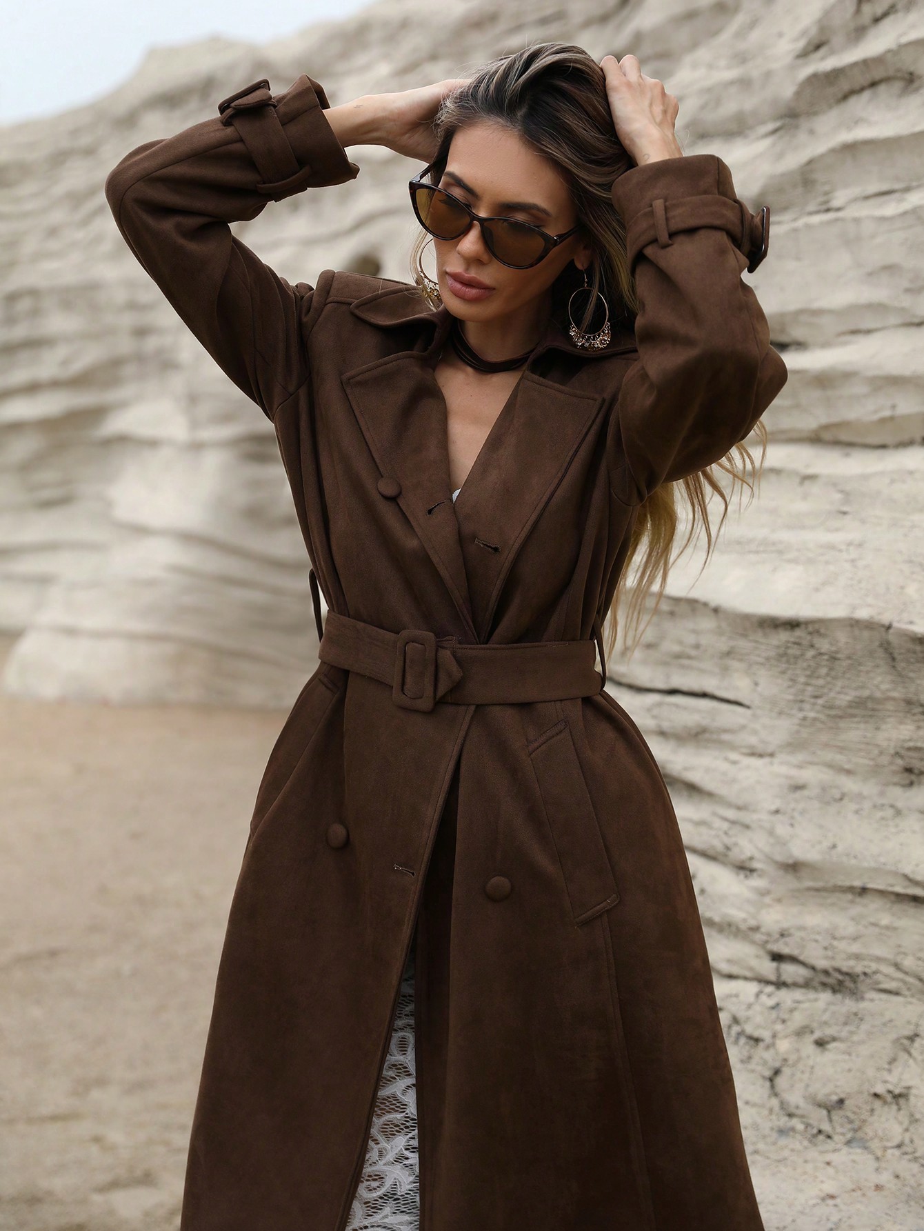 Fashionable Solid Color Long Cinched Waist Suede Trench Coat