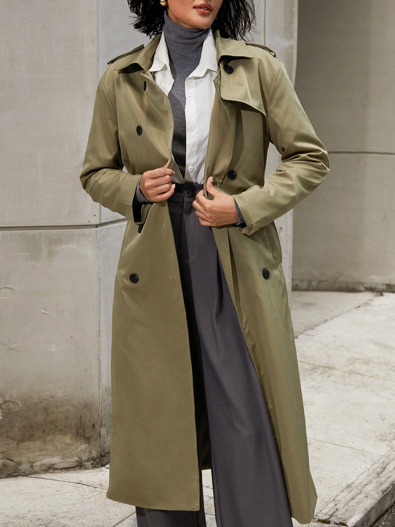Casual Commute Elegant Solid Color Lapel Double-Breasted Women Mid-Length Trench Coat, Autumn