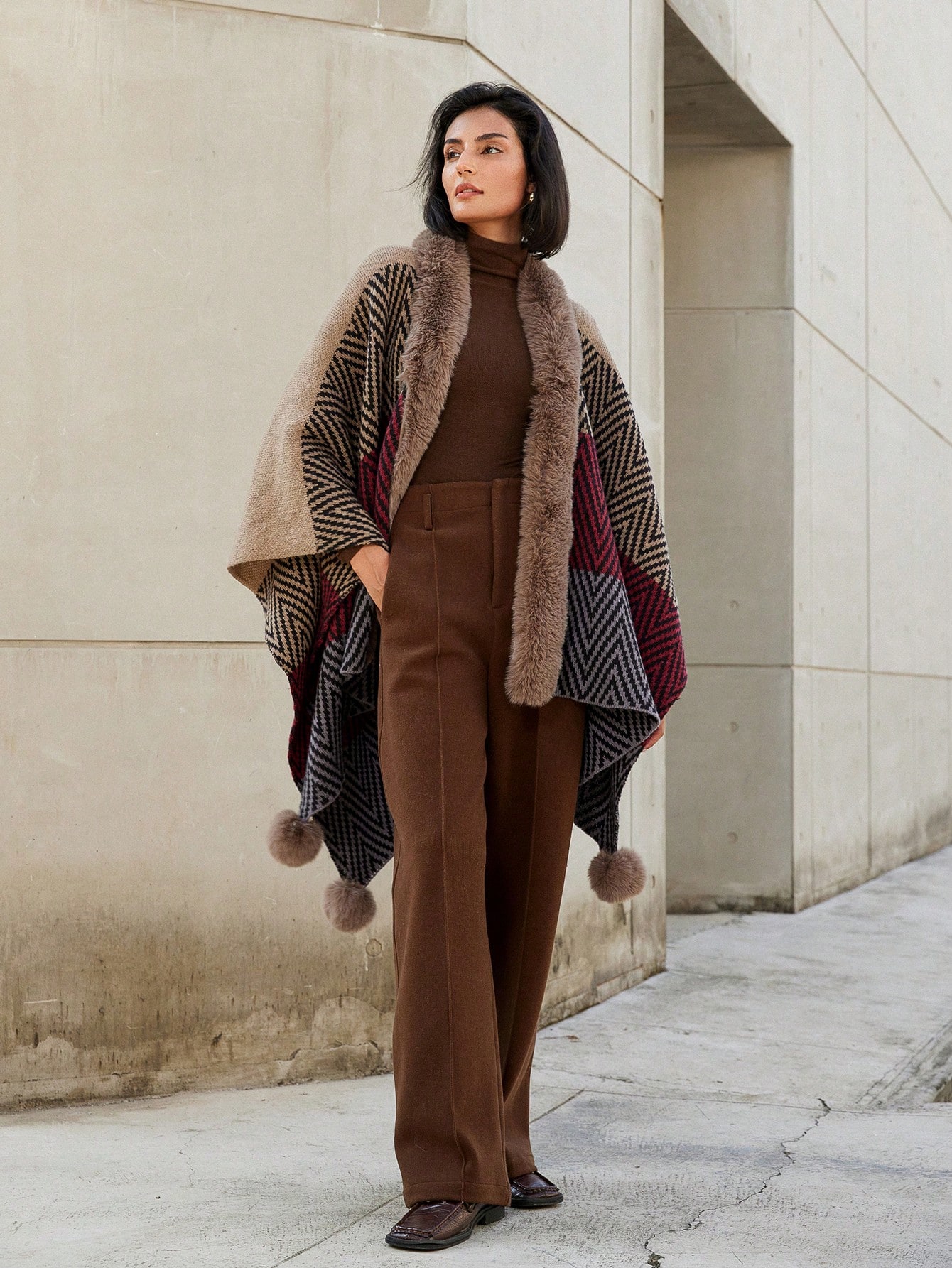 Boho Color Block Fur Collar Cape Poncho Knitted Jacket