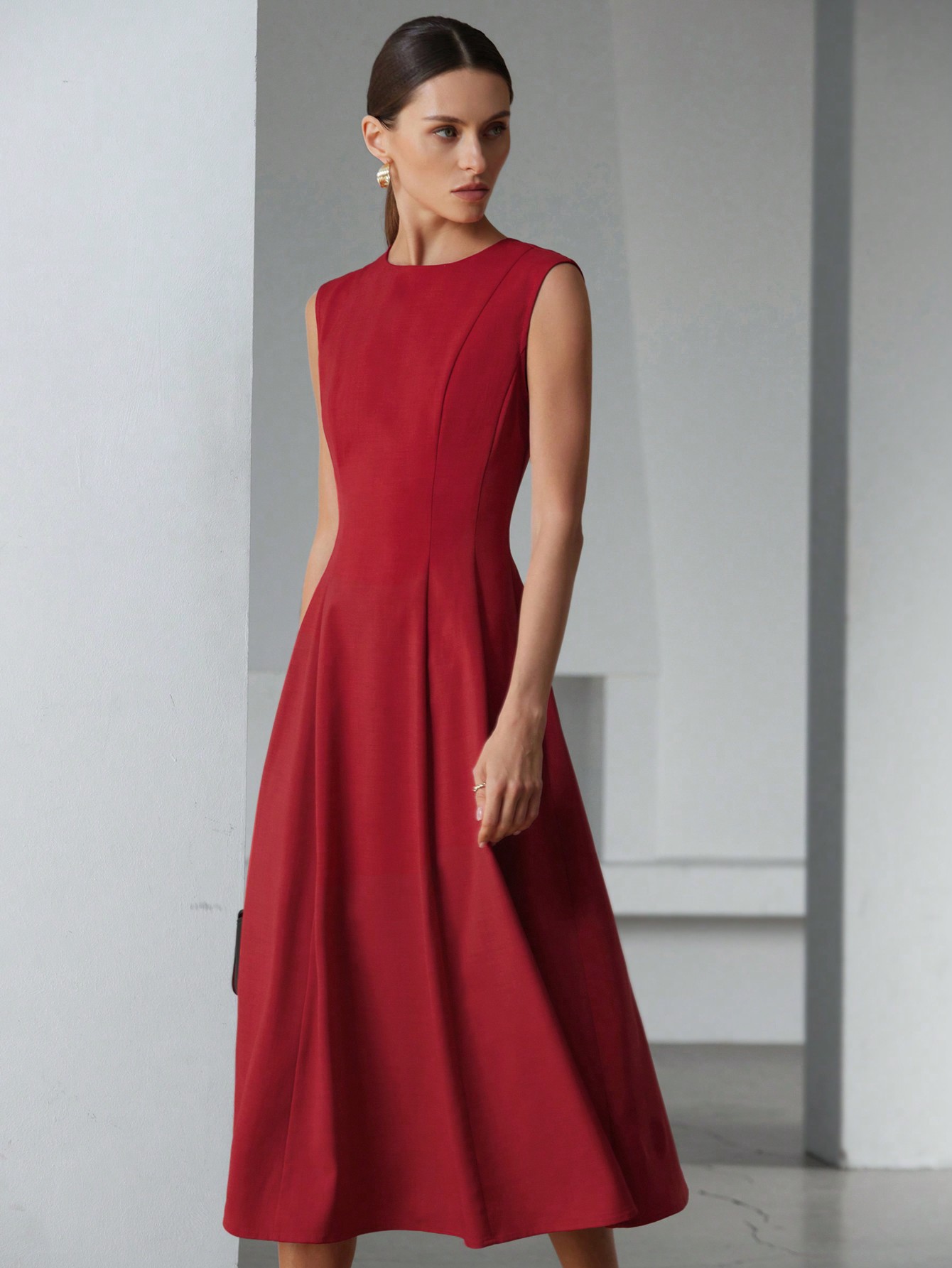 Elegant Versatile Valentine's Day Red Simple Design Round Neck Sleeveless Women Long Dress