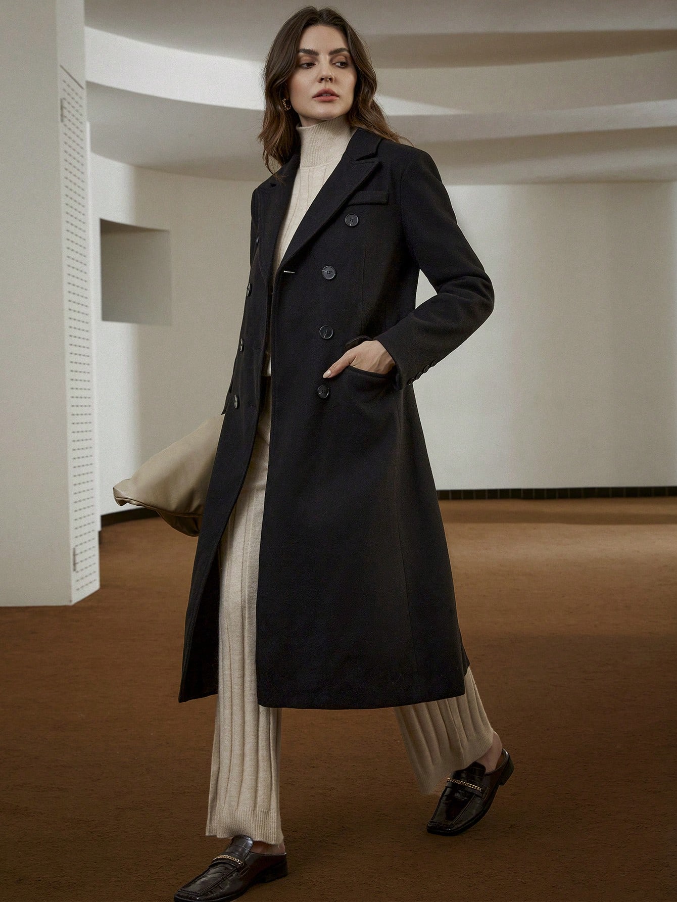 Elegant Commuter Minimalist Versatile Office Lady Style Cinched Waist Double-Breasted Long Coat