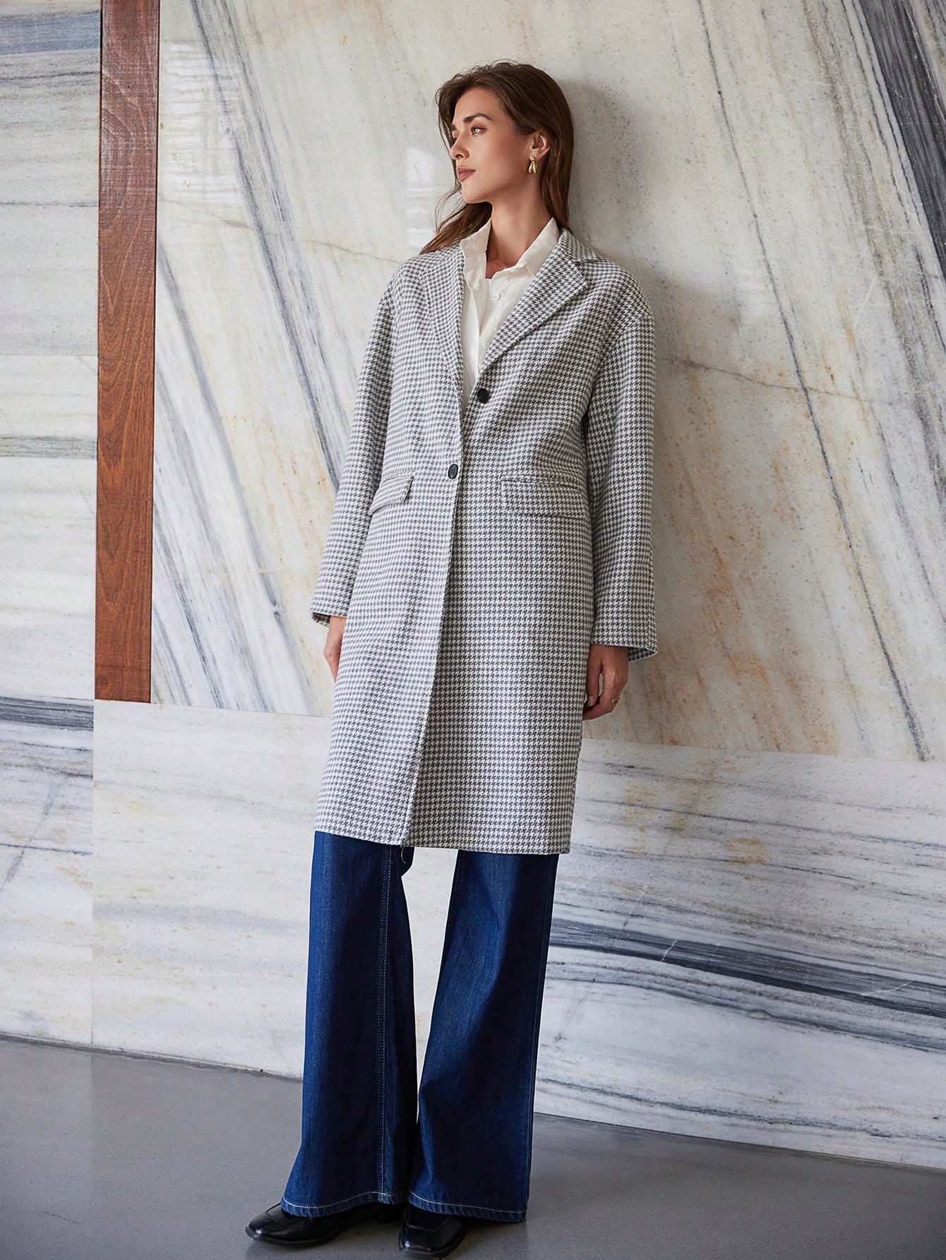 Commuting Elegant Houndstooth Long Coat For Women, Winter