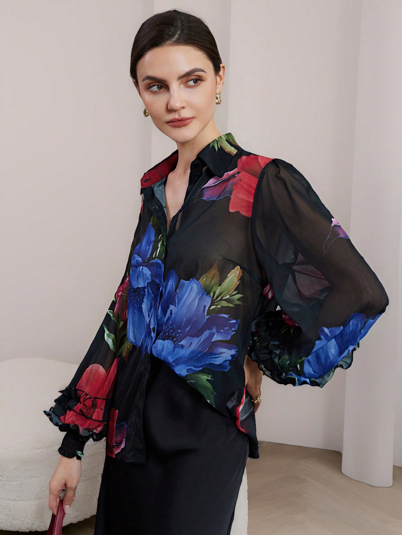 Chiffon Contrast Color Floral Print Layered Flounce Cuff Long Sleeve Blouse Button Up Shirt Women