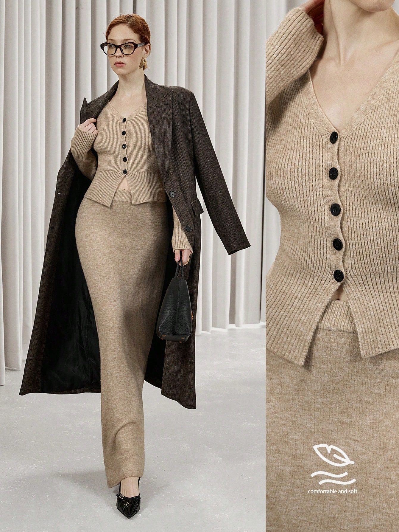 Elegant V-Neck Knit Cardigan Sweater & Long Skirt 2-Piece Set, Simple Chic Commuter Style