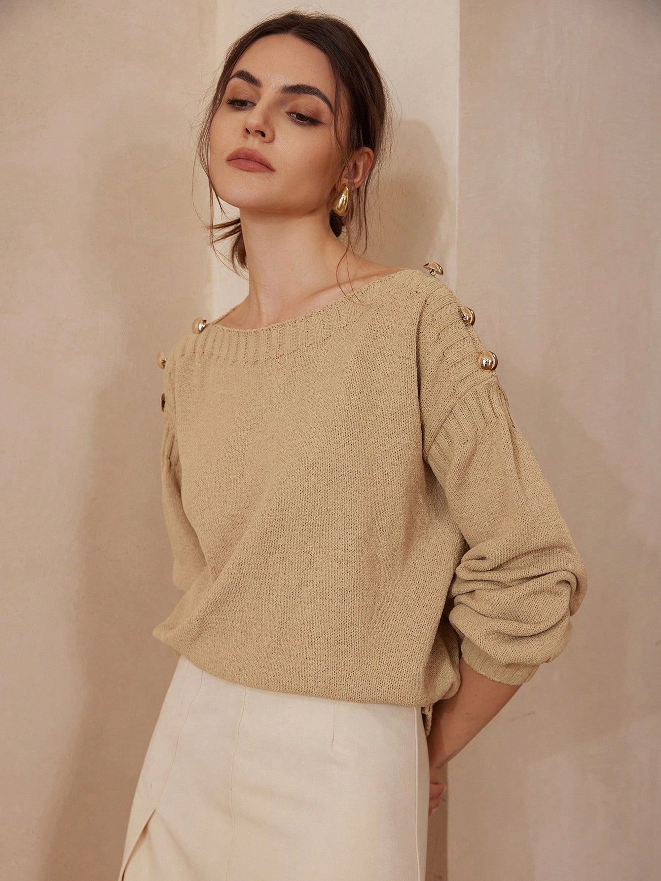 1pc Women Metal Button Decor Off-Shoulder Knitted Pullover Sweater, Autumn