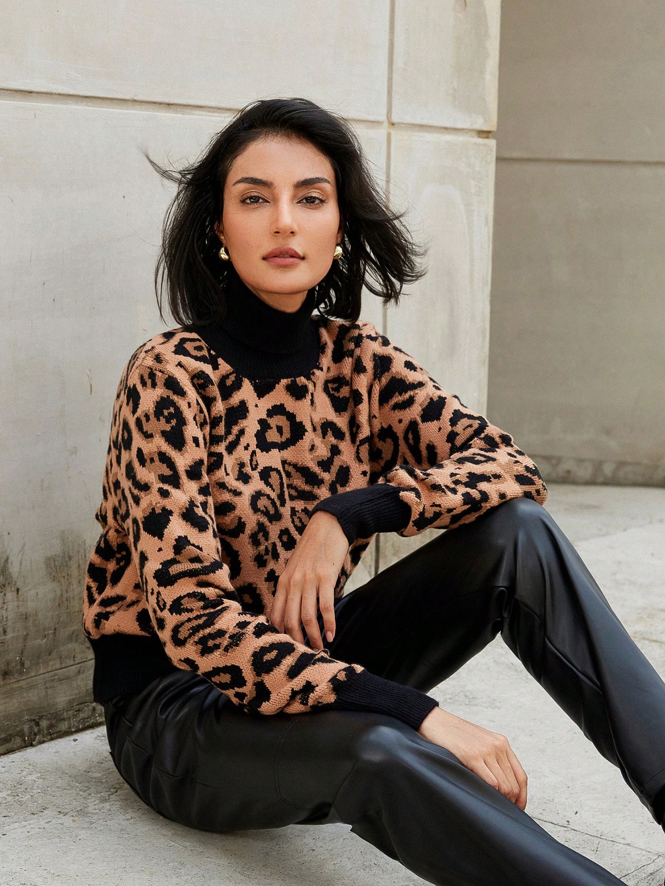 Women High Collar Leopard Colorblock Ribbed Trim Pullover Sweater, Autumn