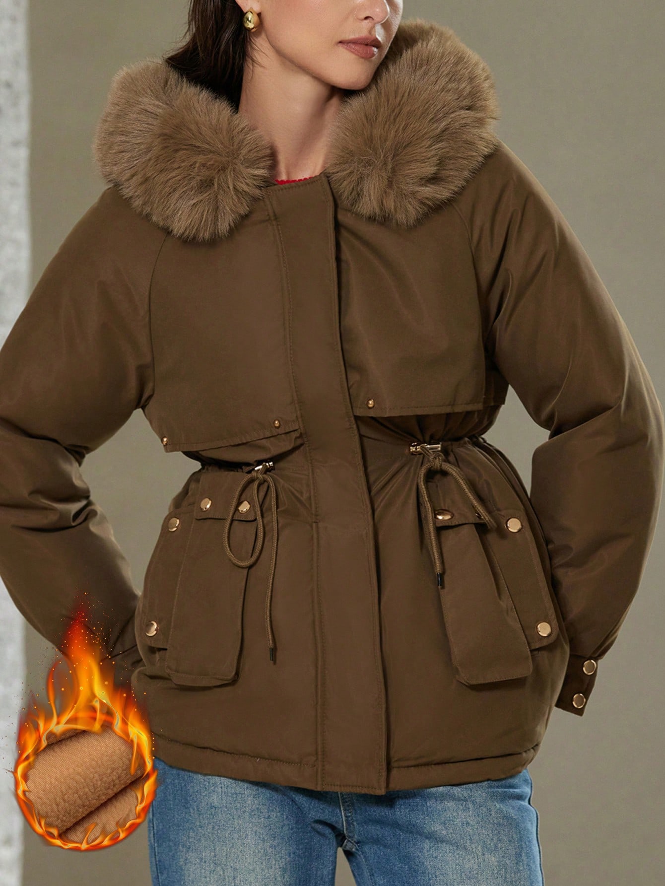 Women's Drawstring Waist Fluffy Collar Hooded Parka Puffer Jacket, Winter Clothes