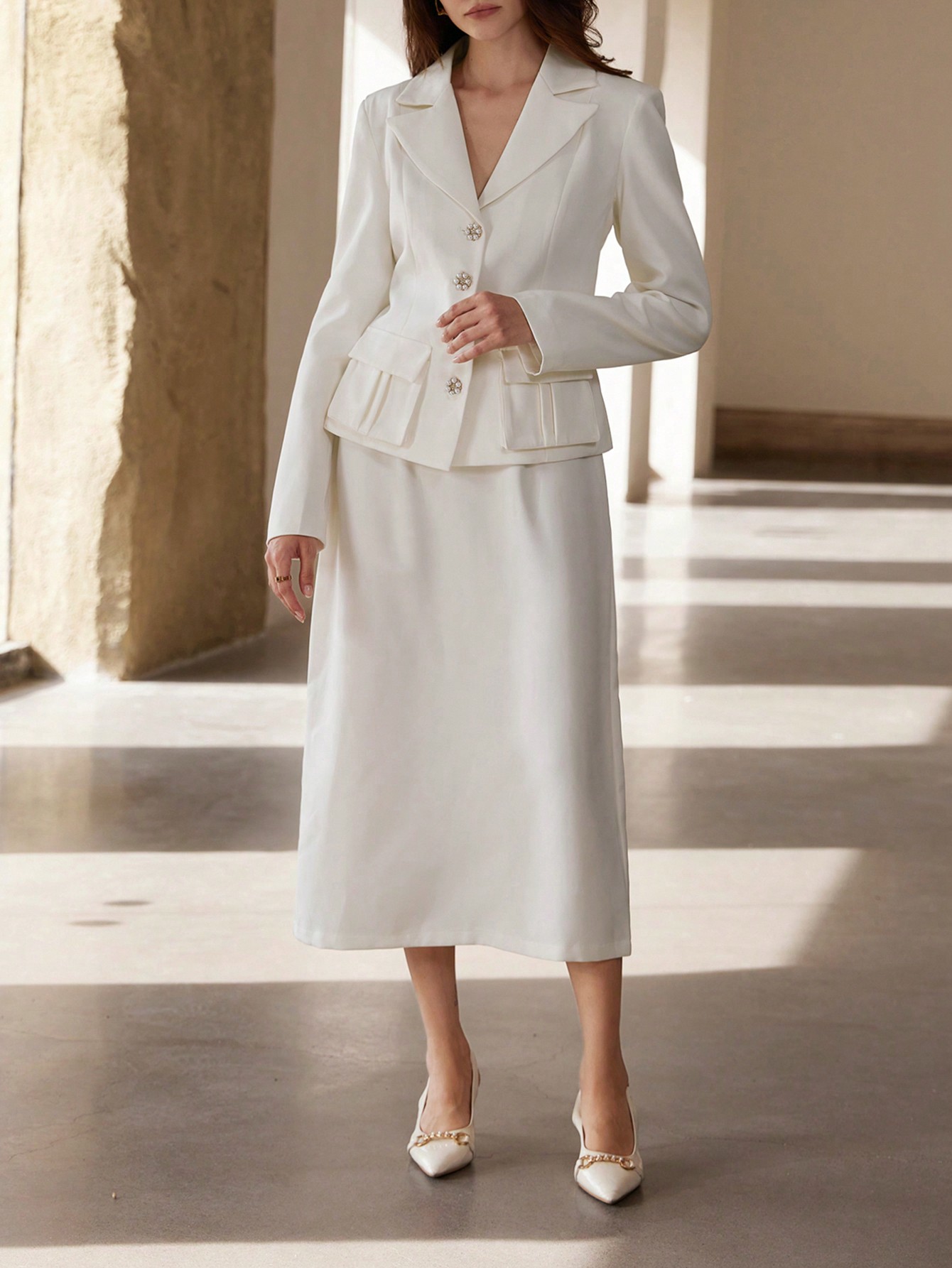 Elegant French Buttoned Blazer With Refined Long Pleated Skirt Suit Set, Chic Design