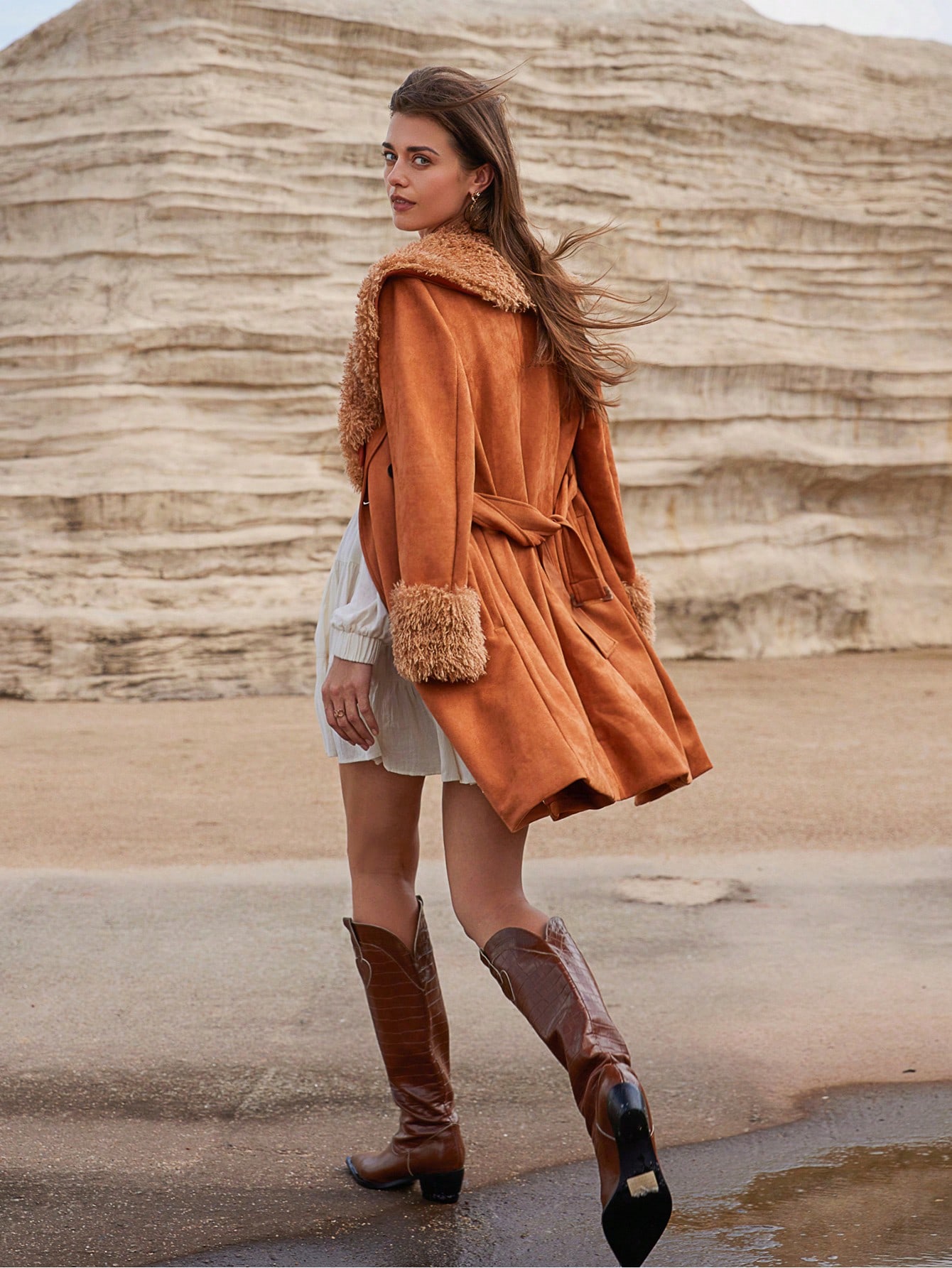 French Style Fluffy Collar Patchwork Deer Velvet Mid-Length Belted Coat, Ladies Winter Jacket