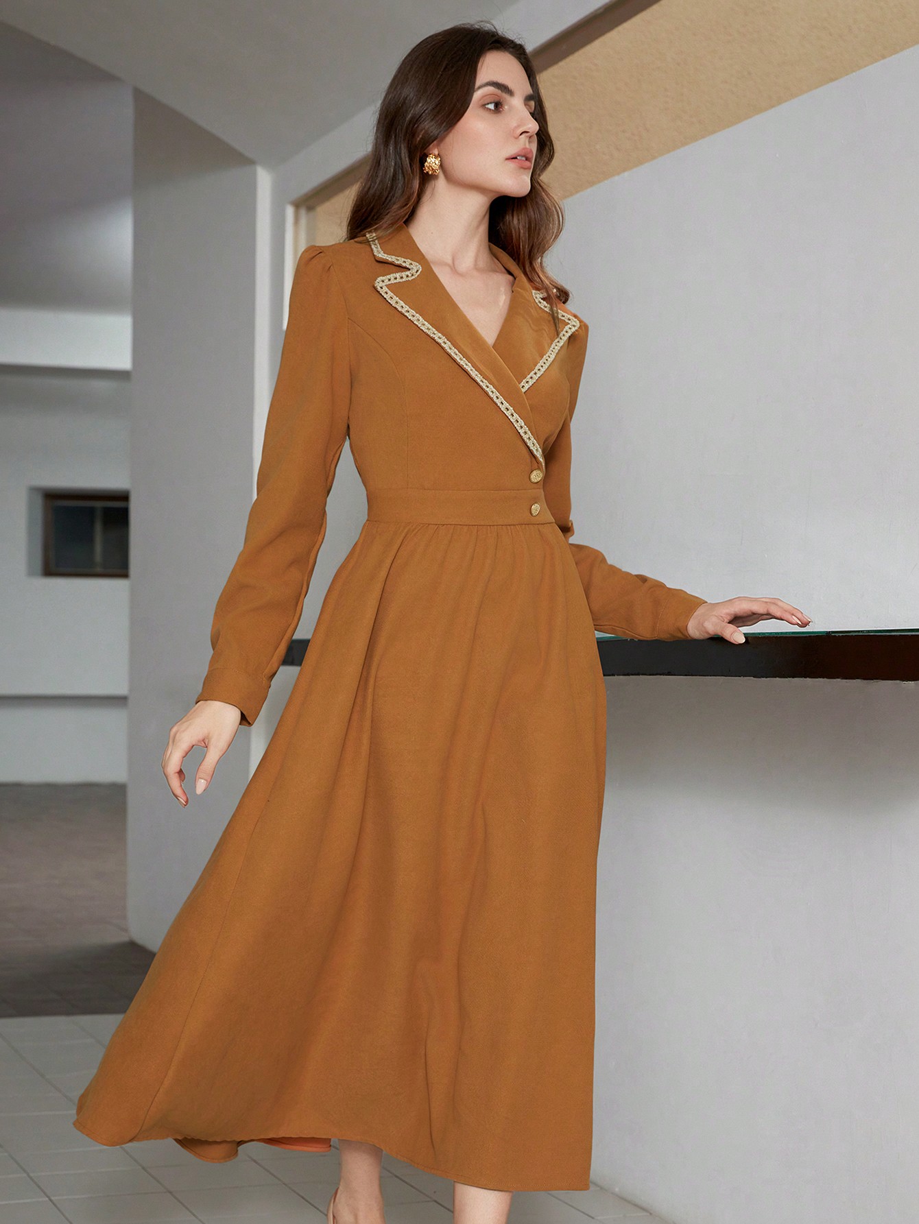 Black Friday x Star Picks  French Elegant Lapel Collar Waist Fitted Women Dress For Autumn Fall