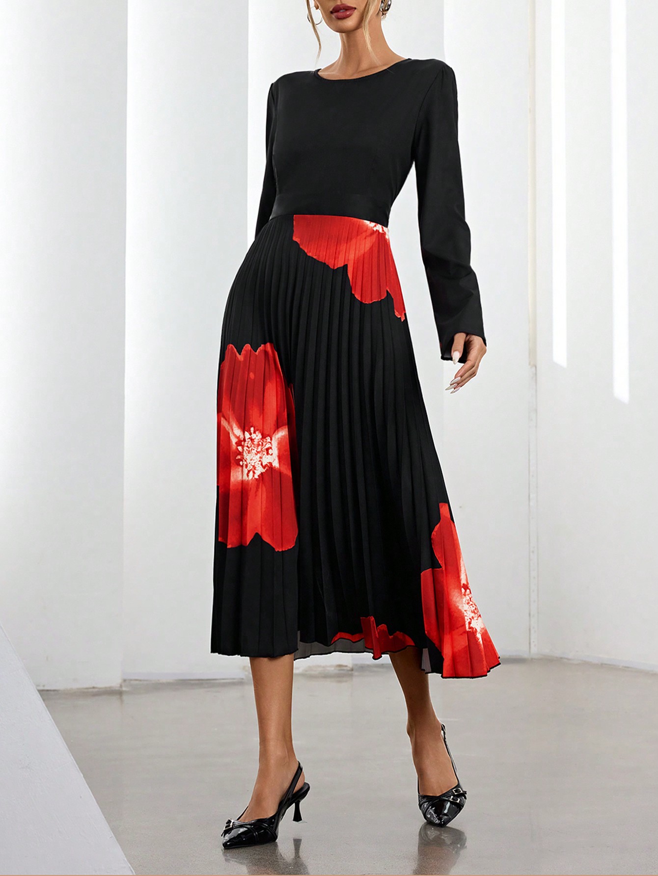 French Style Waist-Cinching Slimming Random Rich Floral Print Pleated Midi Dress, Floral Dress