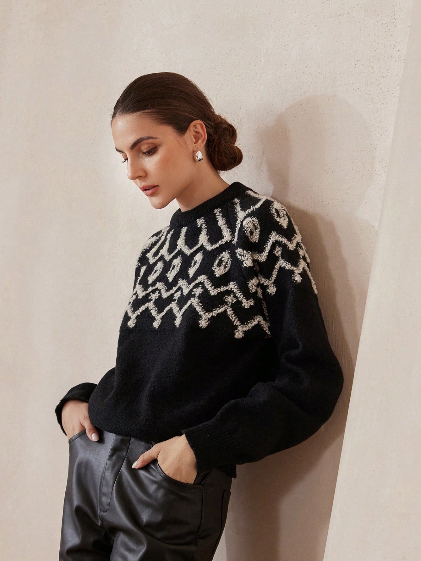 Vintage Patterned Jacquard Stand Collar Loose Long Sleeve Sweater