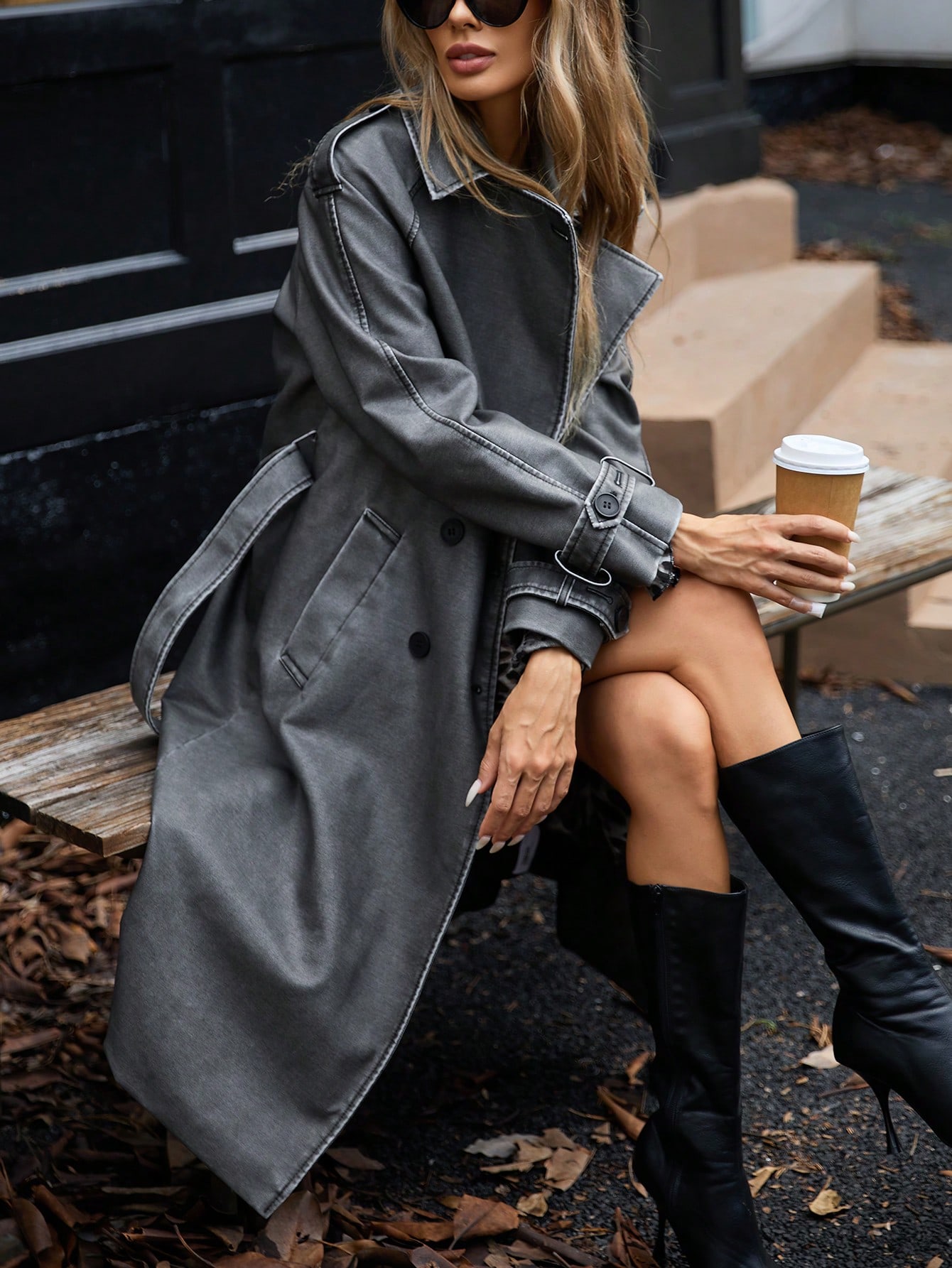 Long Lapel Collar Front Open Bowknot Belt Loose Casual PU Windbreaker