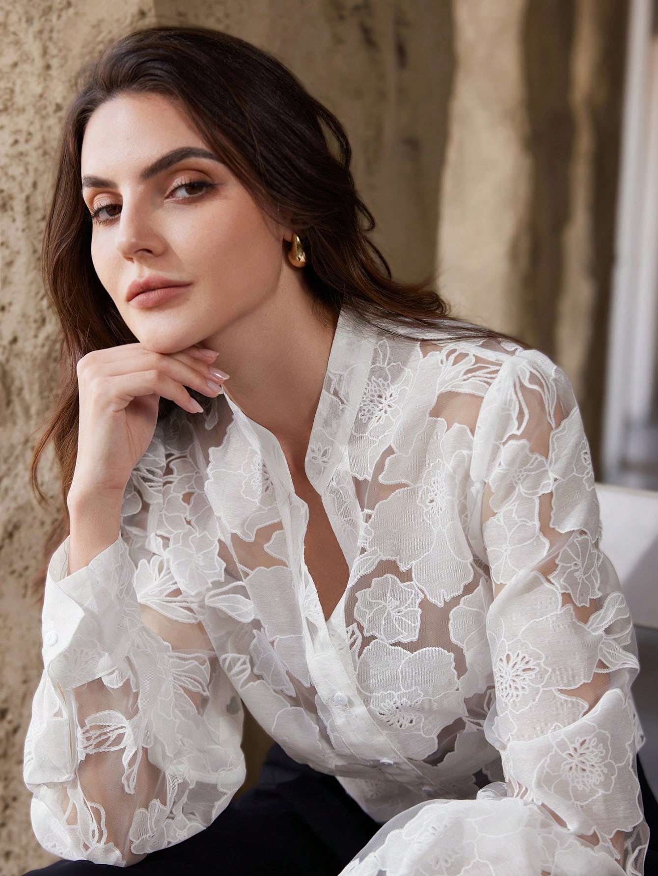 Women's Stand Collar Sheer Textured Fabric Short Blouse Holiday Party Clothes Button Up Shirt Women