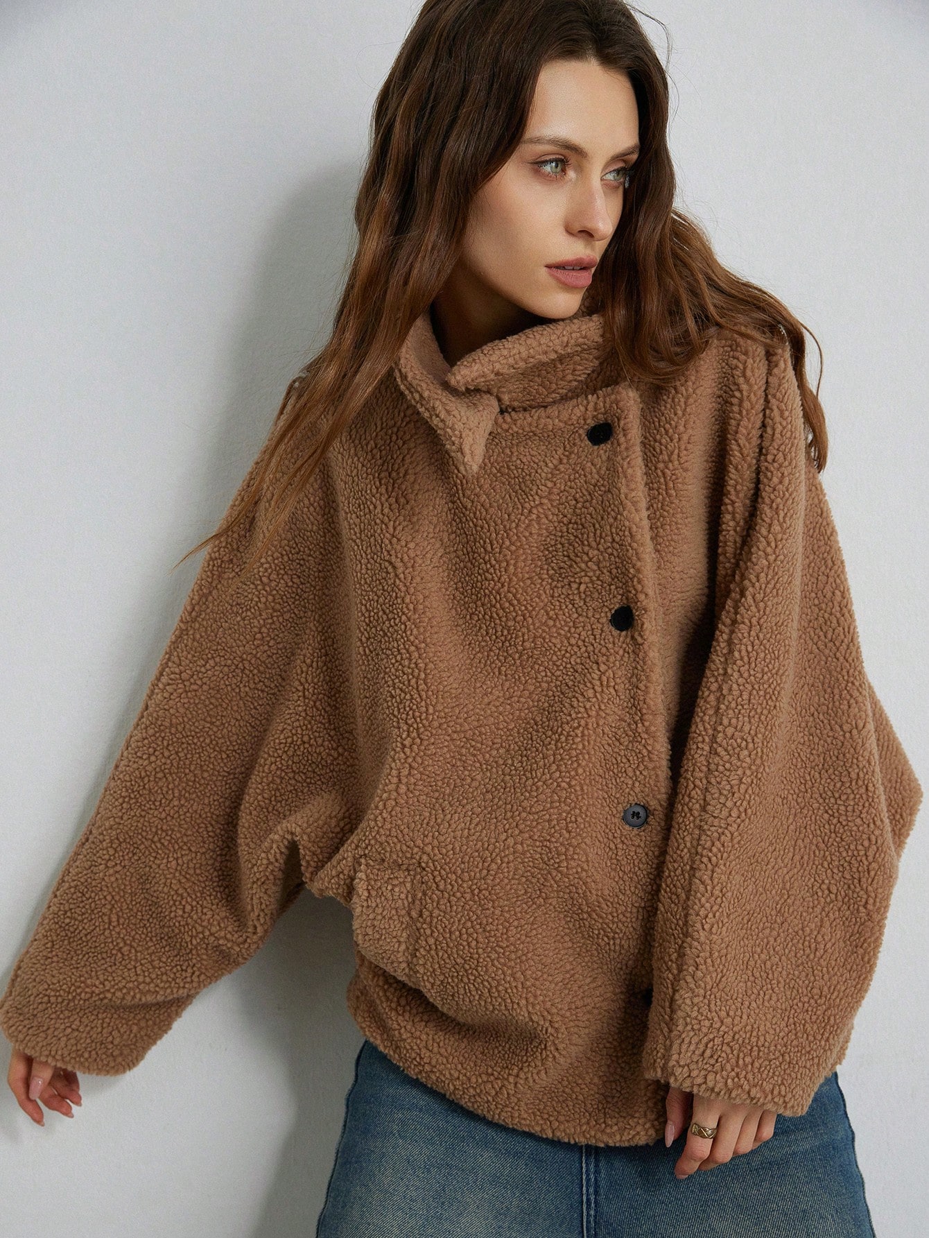 Women's Solid Color Fleece Batwing Sleeve Jacket, Autumn/Winter Fleece Teddy Coat