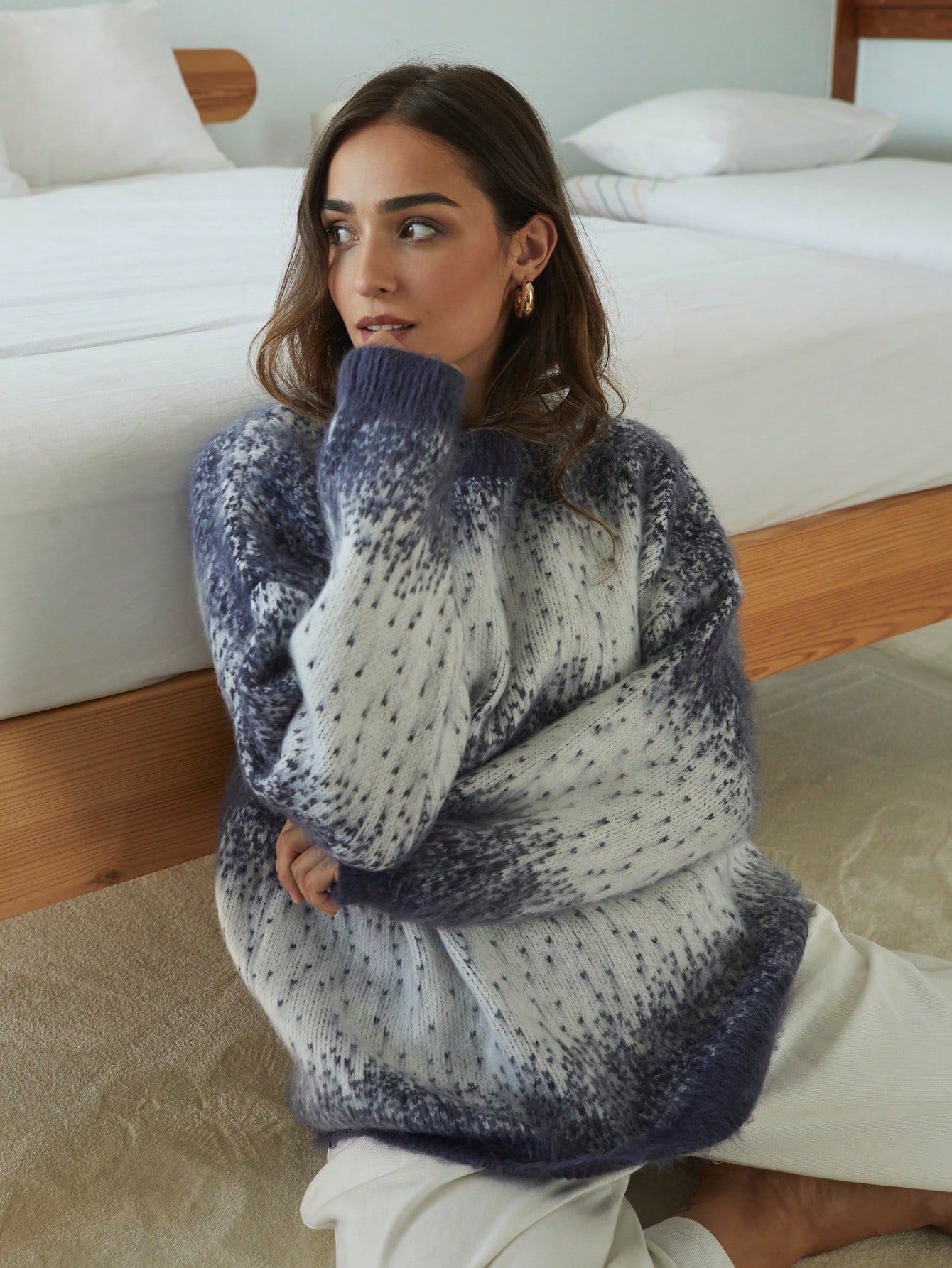 X Angie Costa  All-Over Print Round Neck Long Sleeve Jacquard Knit Pullover Sweater