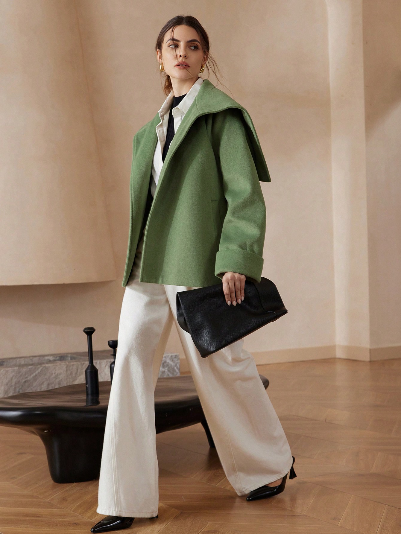 Elegant Solid Color Lapel Loose Fit Long Sleeve Drawstring Pockets Overcoat