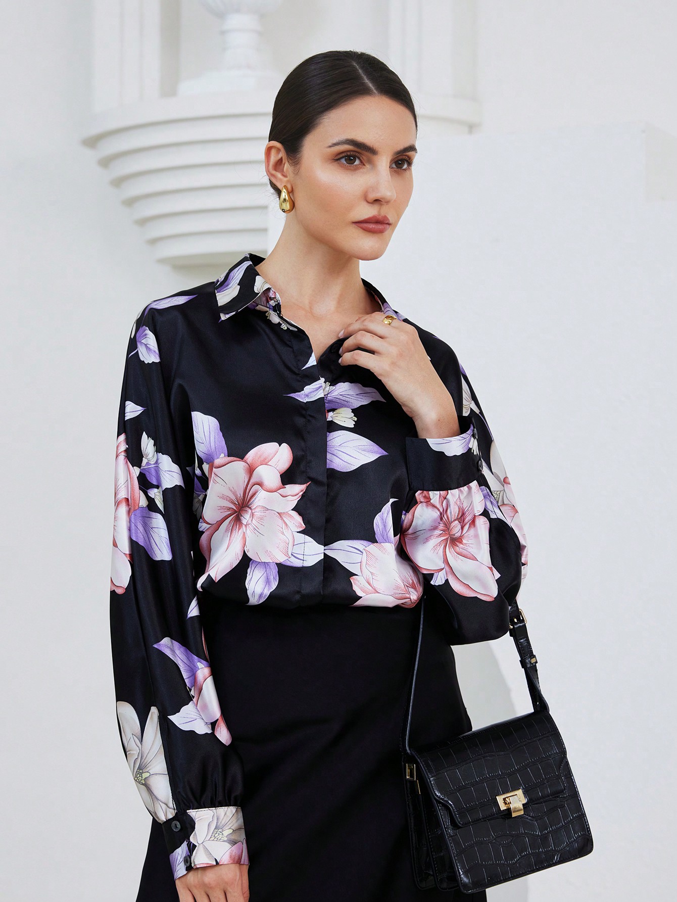 Women's Fall Random Floral Print Button Down Loose Fit Long Sleeve Satin Shirt