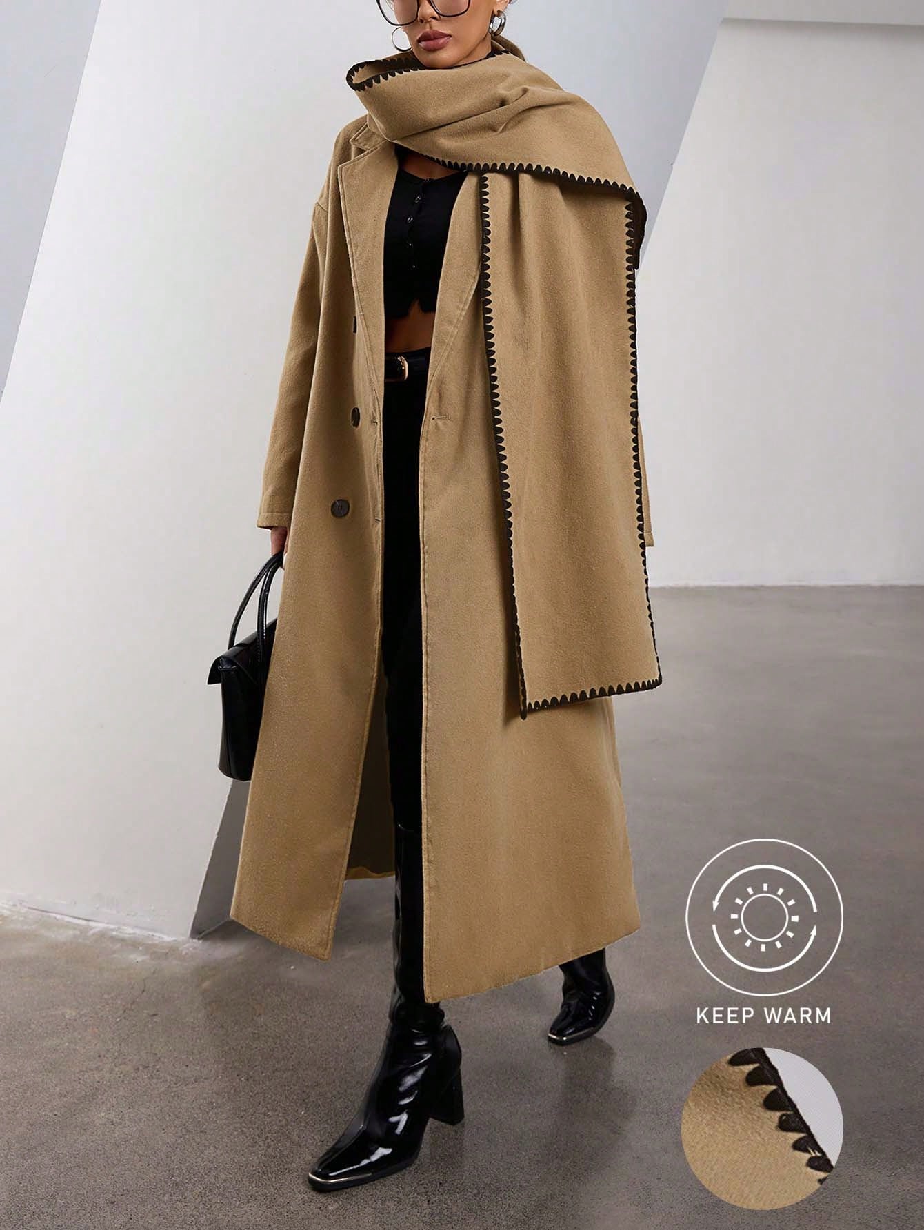 Elegant Double-Breasted Detachable Contrast Color Shell Embroidered Cocoon Overcoat