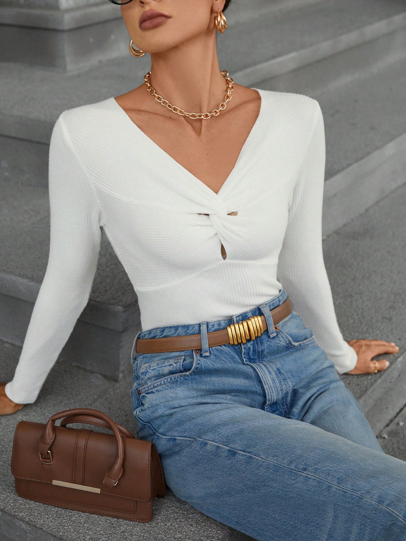 Elegant Business Solid Color Knot Waist V-Neck Sweater