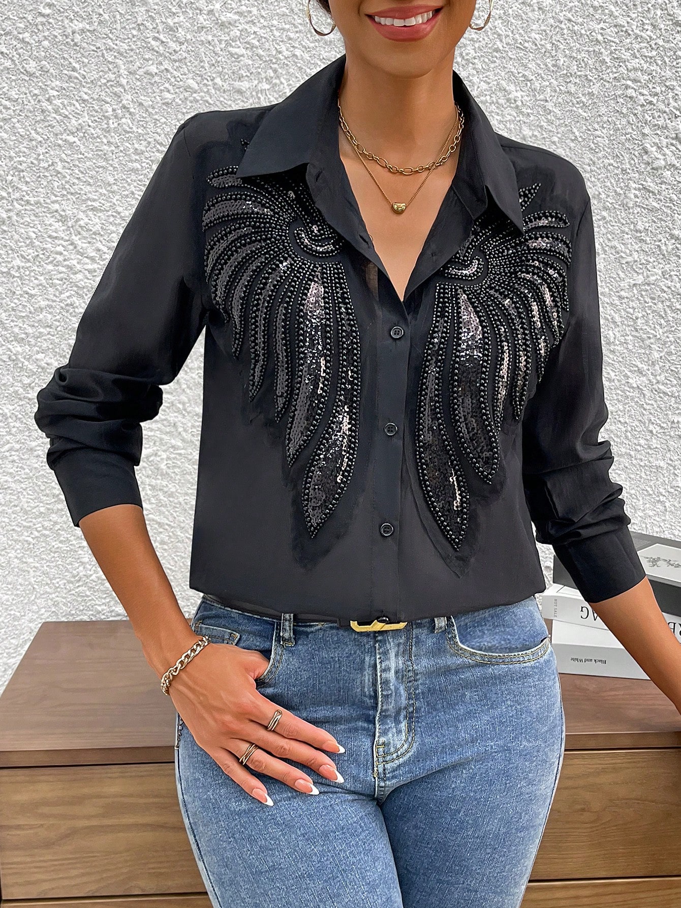 Heavy Beaded Angel Wing Design Semi-Sheer Long Sleeve Shirt Button Up Shirt Women