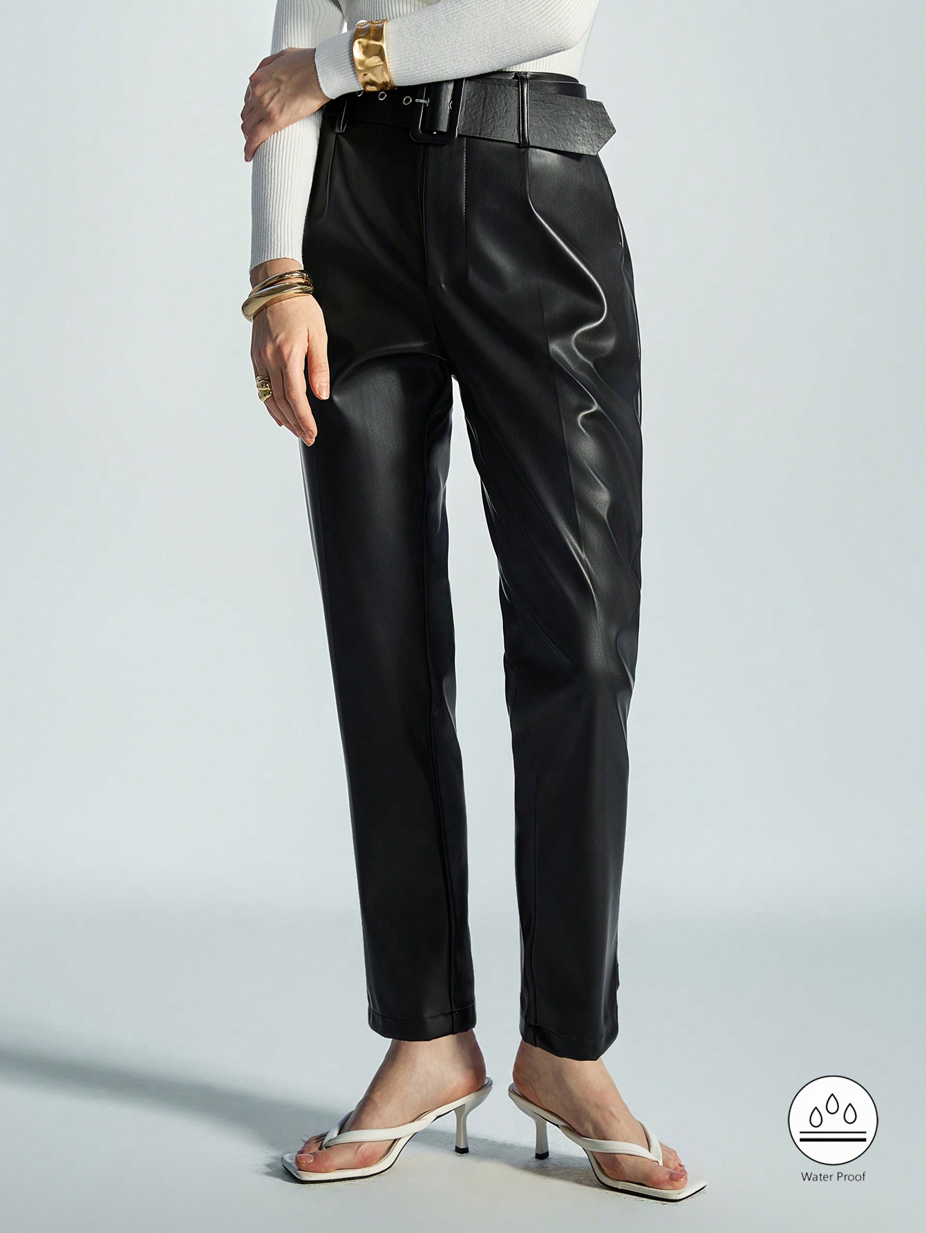 High-End Fashion Belted Tapered Leg PU Pants For Women, Suitable For Commuting, Autumn