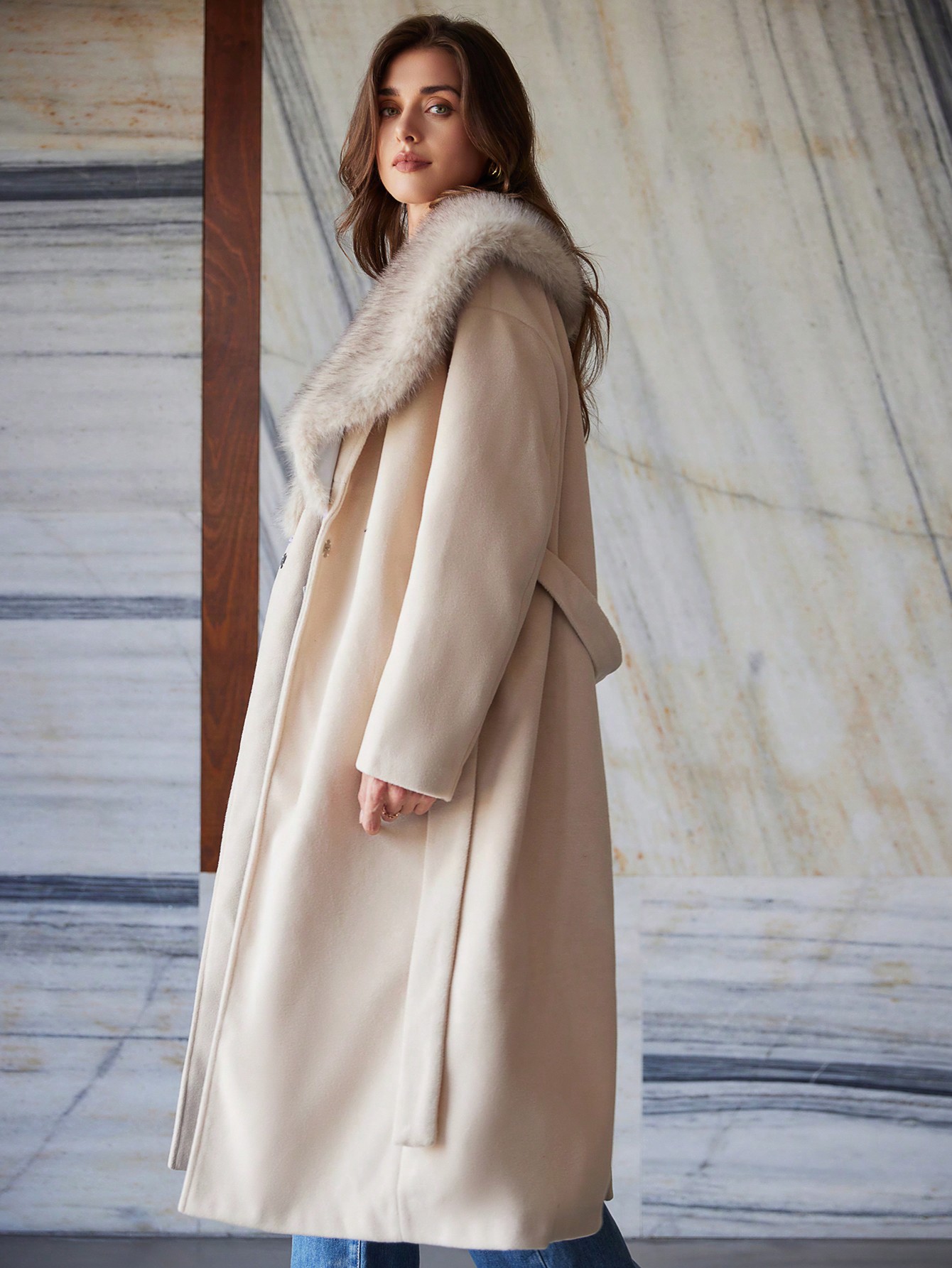 Versatile Apricot Spliced Special Fur Collar Waist Drawcord Long Overcoat, Regular Outerwear