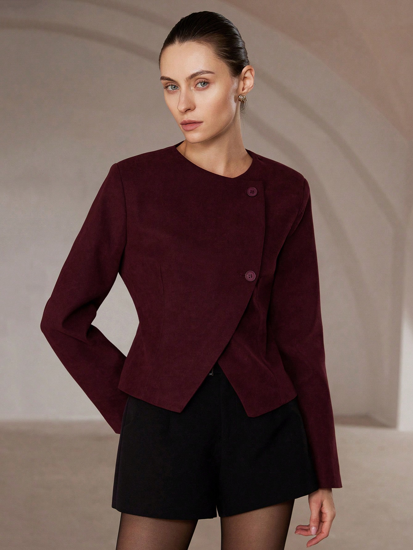 Angola Red Round Neck Sophisticated Design Minimalist Elegant Slit Women Jacket